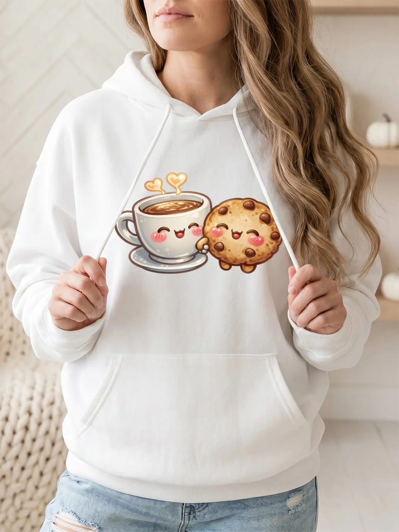 Women's fashionable hooded sweatshirt with cheerful heart and coffee & cookie pattern prints. Drawstring kangaroo pocket. Fall/Winter casual sportswear sweatshirt. Suitable for casual parties and sports wear.