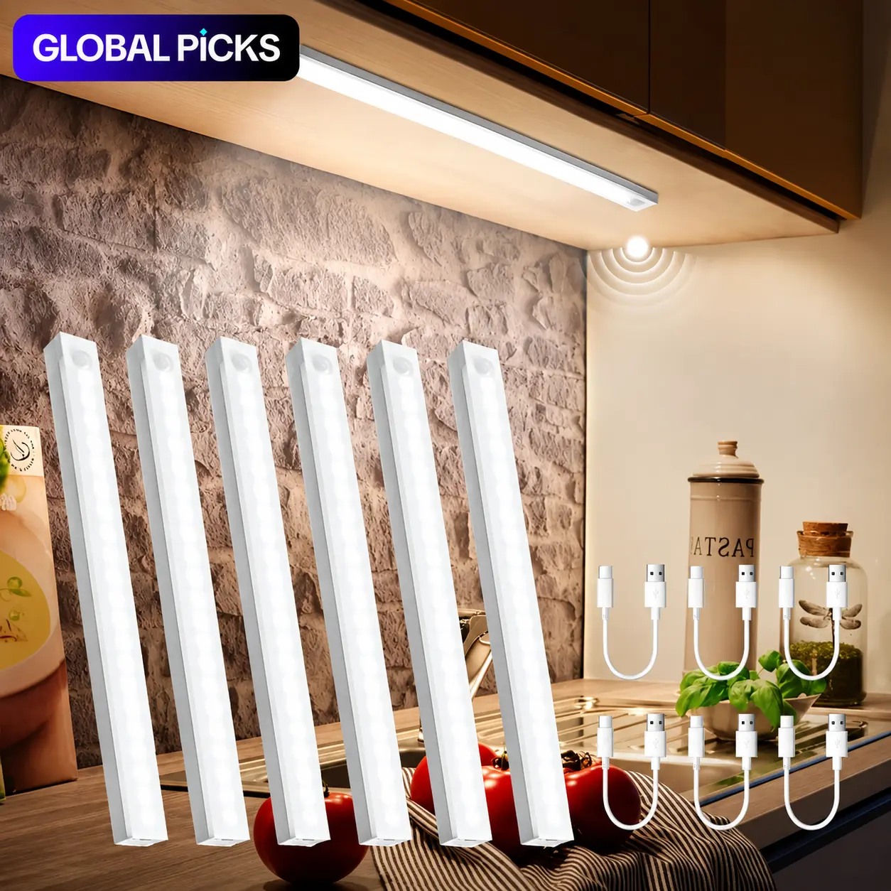 6-Pack Magnetic Under Cabinet LED Lights, Rechargeable Motion Sensor Lamp with Long Lasting Battery, Indoor Lighting for Kitchen, Bedroom, Closet, Sink Area, Hallway, Home Decor Accessories