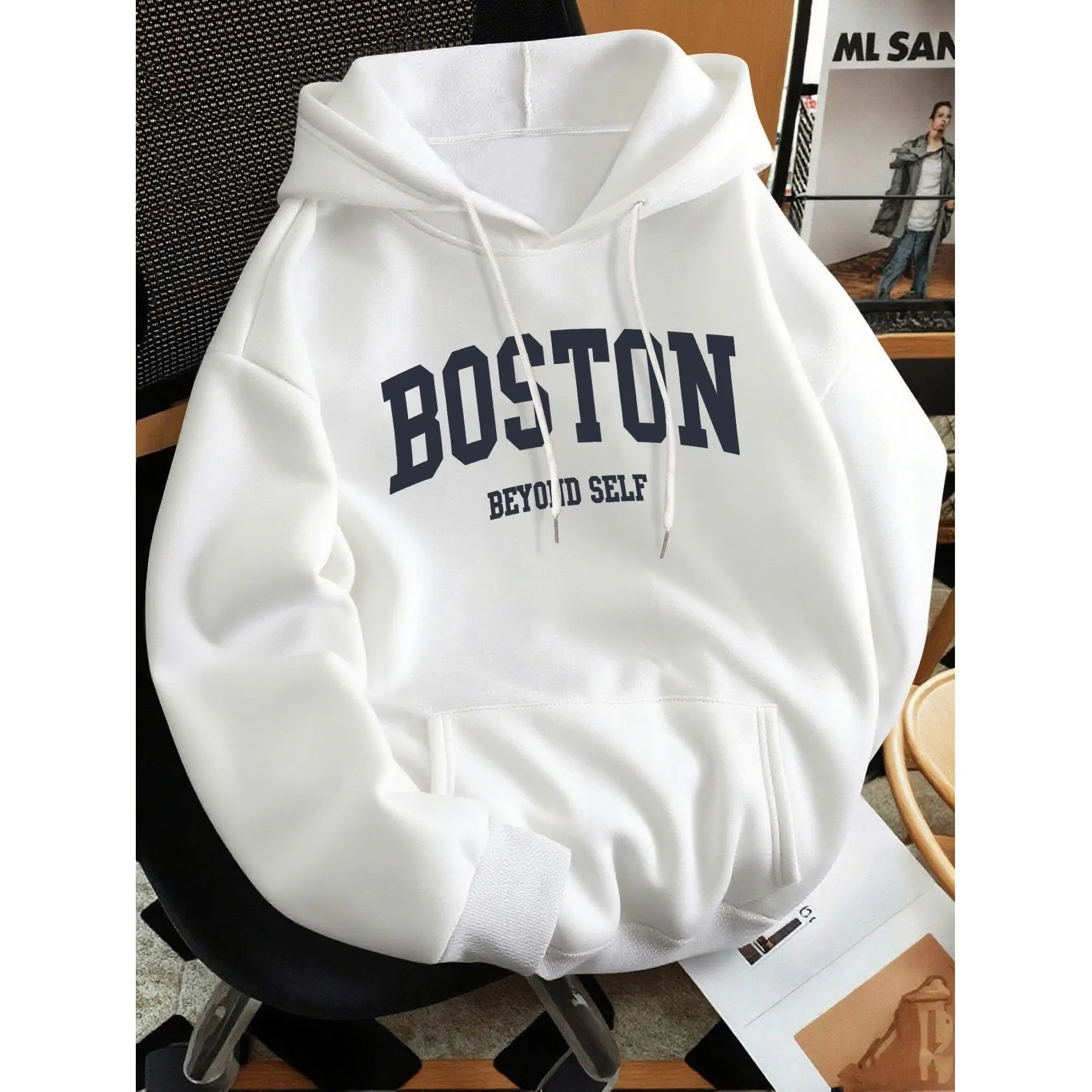 Men's Boston Lettering Premium Versatile Vintage Print Hooded Sweatshirt, Regular Fit, Hooded Collar Style, Solid Color with Graphic Print, Casual Long Sleeve Pullover
