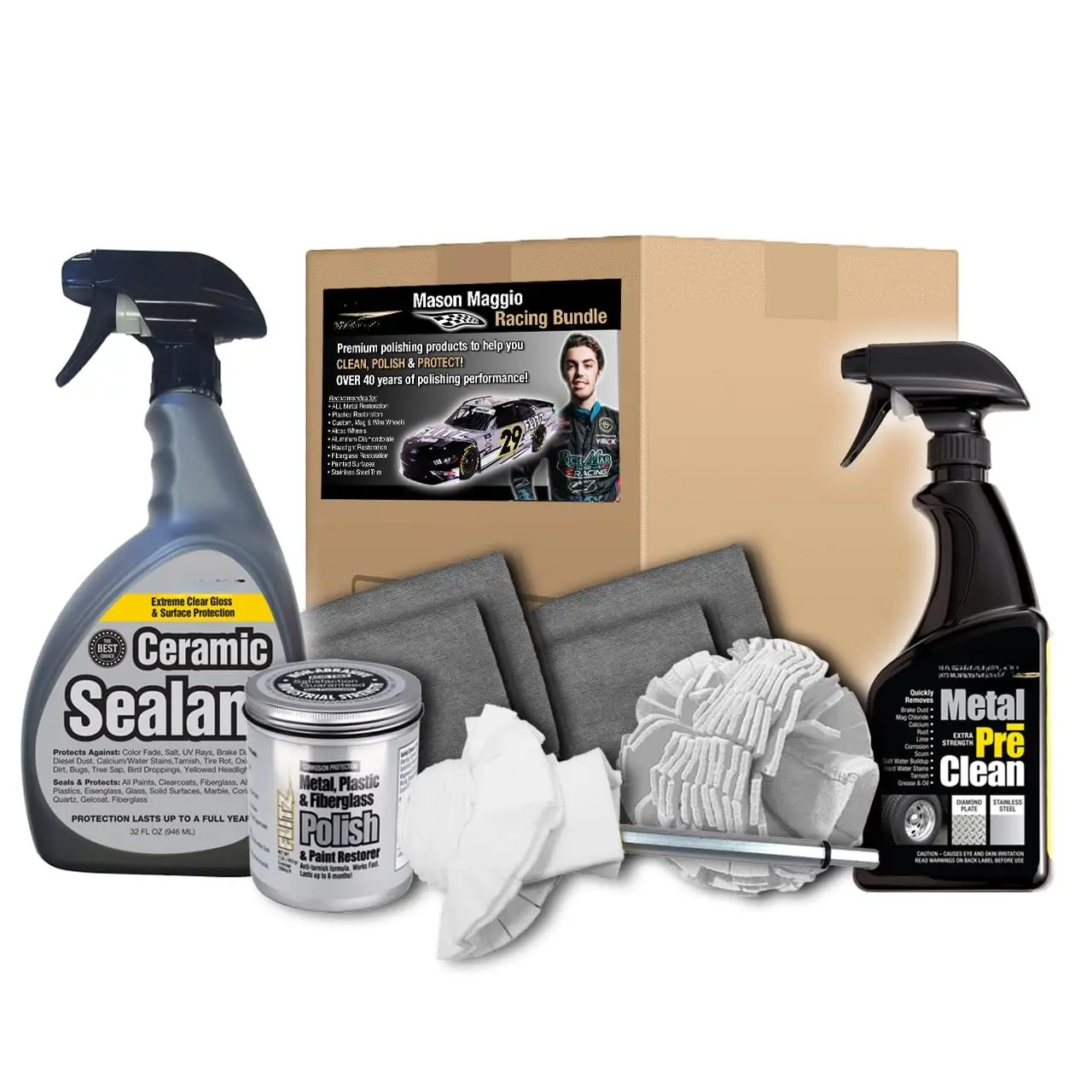 Mason Maggio Racing Pro-Grade Care Endorsed Cleaning & Detailing Kit - For Car Windows, Headlights, Wheels - Includes 1lb Polish, 32oz Sealant, 16oz Metal Pre-Clean, 2 Buff Balls, 4 Microfiber Cloths - Restores Vehicle Finish, Restoration