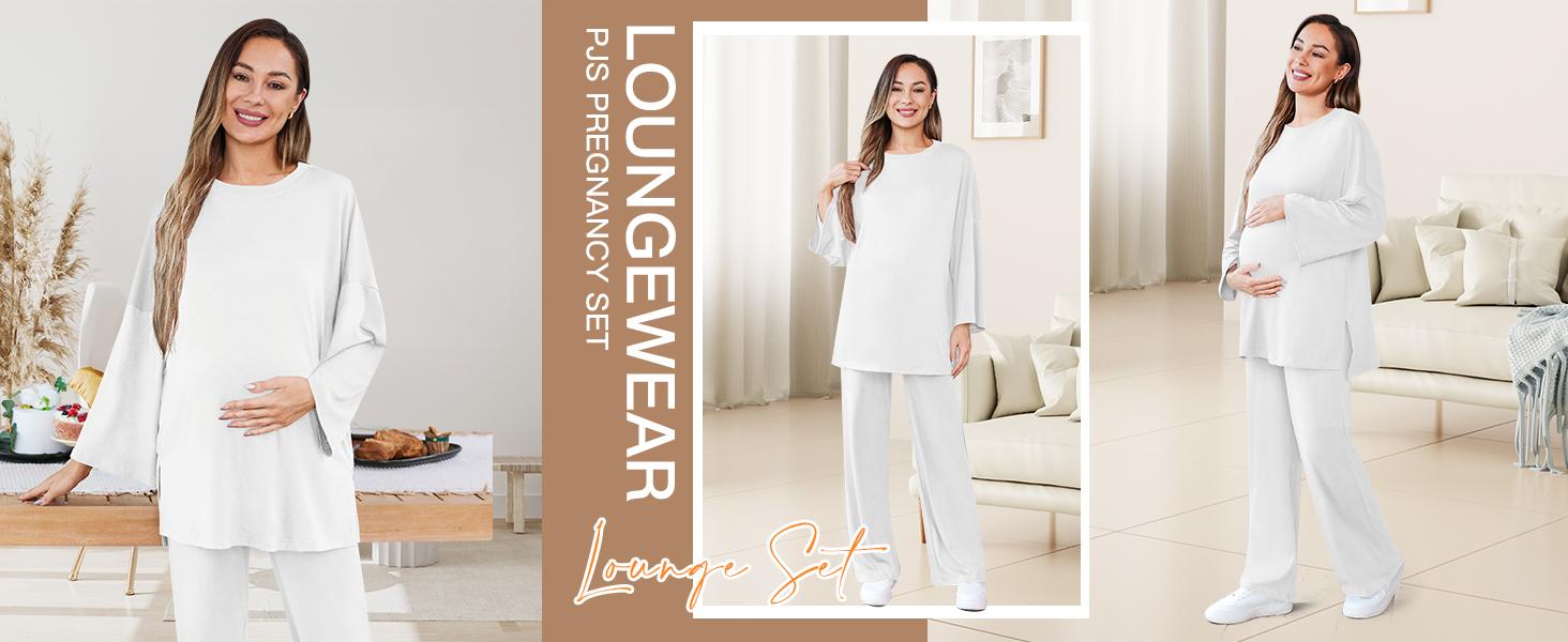 Danedvi Womens Maternity Pajamas Sets 2 Piece Outfits Long Sleeve Tops and Pregnancy Loungewear Mama Clothes with Pockets Plus Size