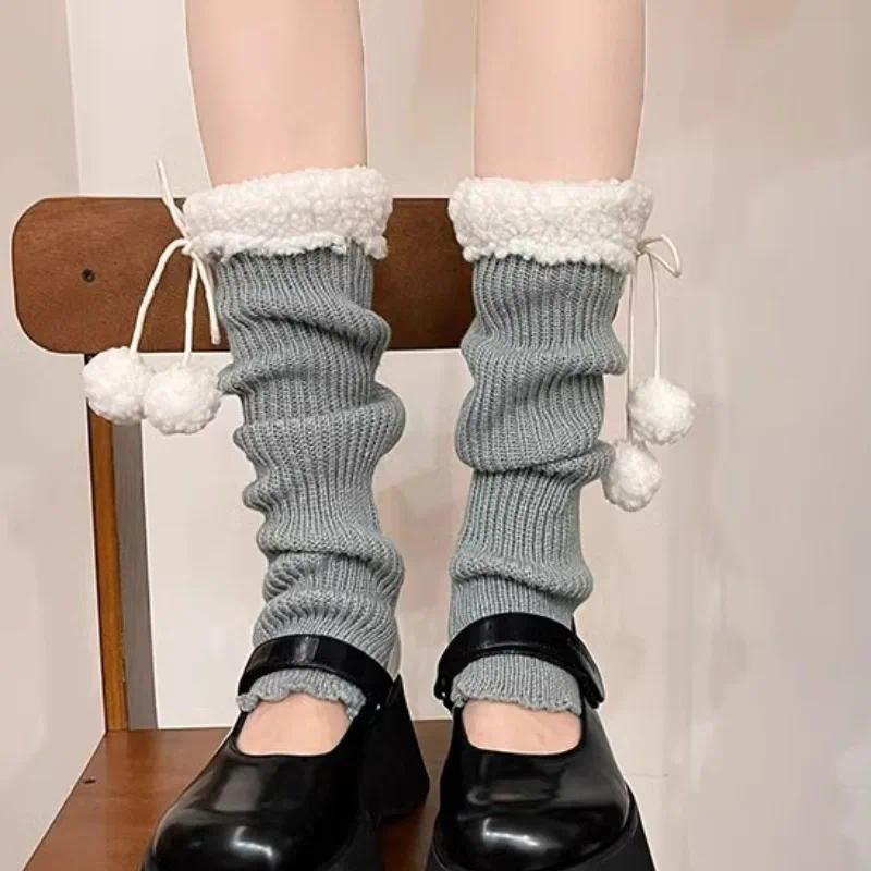 JK Leg Heaters Knitted Lamb Plush Ball Sock Lolita Thickened Winter Warm Socks Foot Cover Woolen Ball Stocking Women Leg Warmers