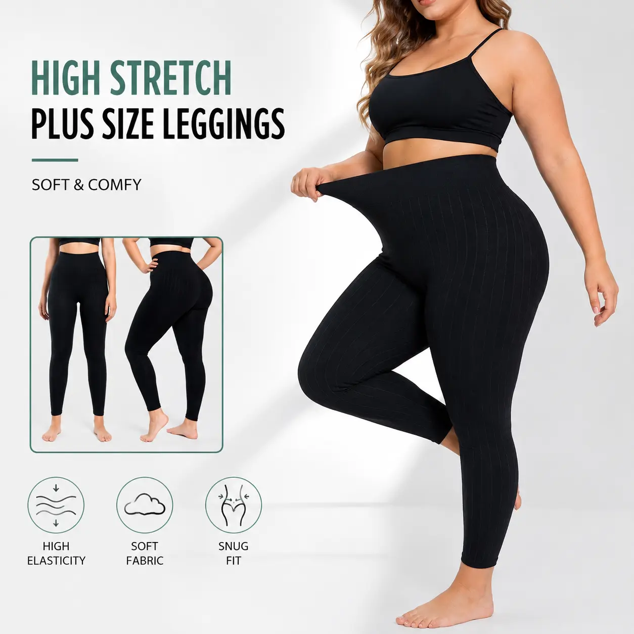 1/4pcs Women’s Plus Size High Waisted Leggings High Stretch Ribbed Black Leggings Soft Full Length Slim Fit Basic Pants for Everyday Casual Fall Winter Wear