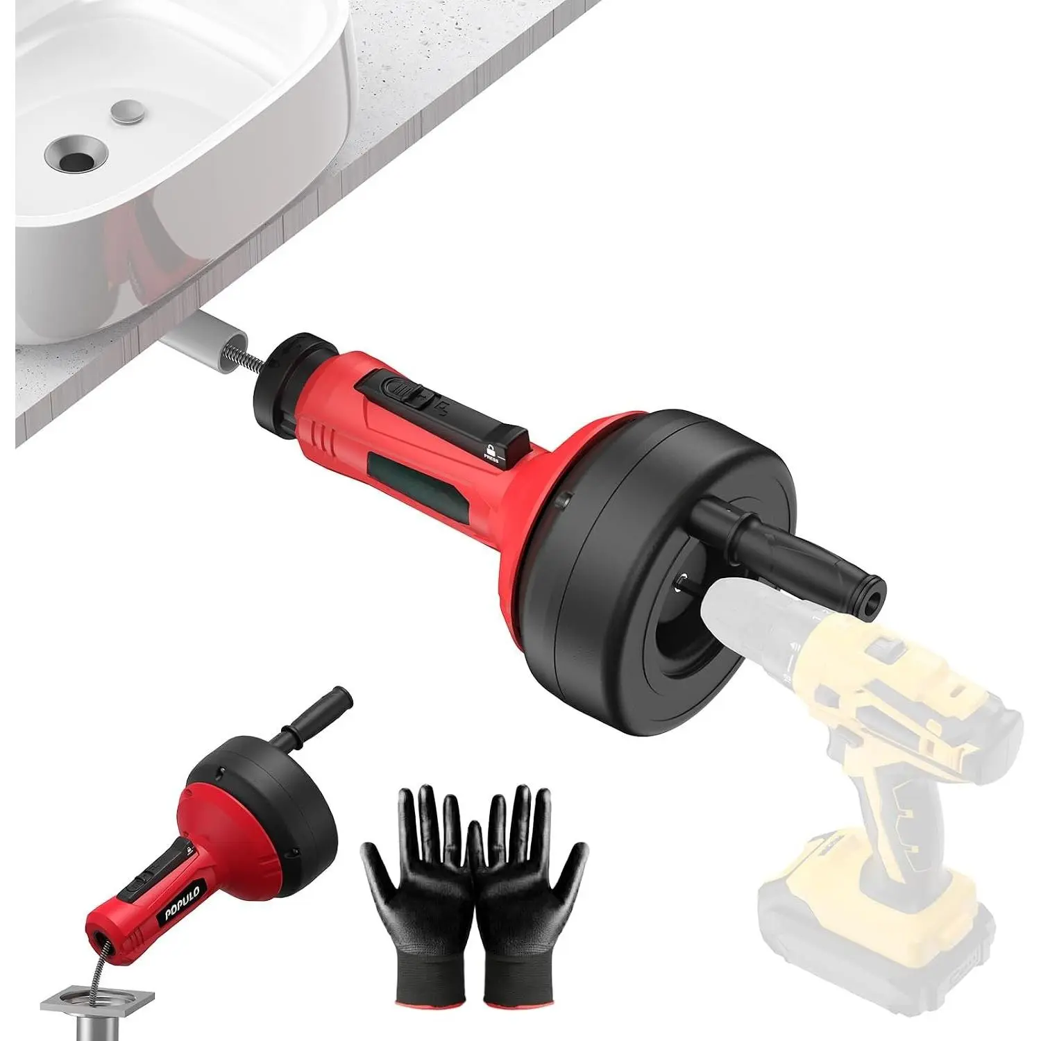 Auto Feed 17FT Drain Snake Auger, Manual Auger with Drill Adapter | For 3/4''-2'' Pipe, Sink Snake Drain Hair Remover for Kitchen, Bathroom and Shower