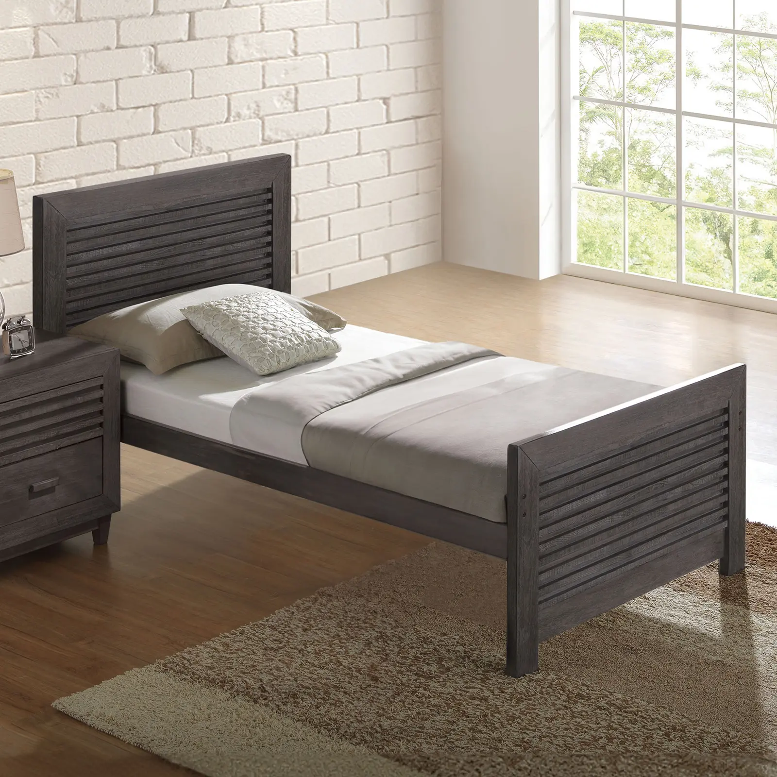 ARCH Twin Size Panel Headboard with Slat Design, Solid Hardwood Bed Headboard, Charcoal Brown Finish, Transitional Style Bedroom Furniture, Patented Insert & Lock Joint, 1pc Twin Bed Only, 79.5W x 45.5D x 48.5H in, Brown/Charcoal Color Options