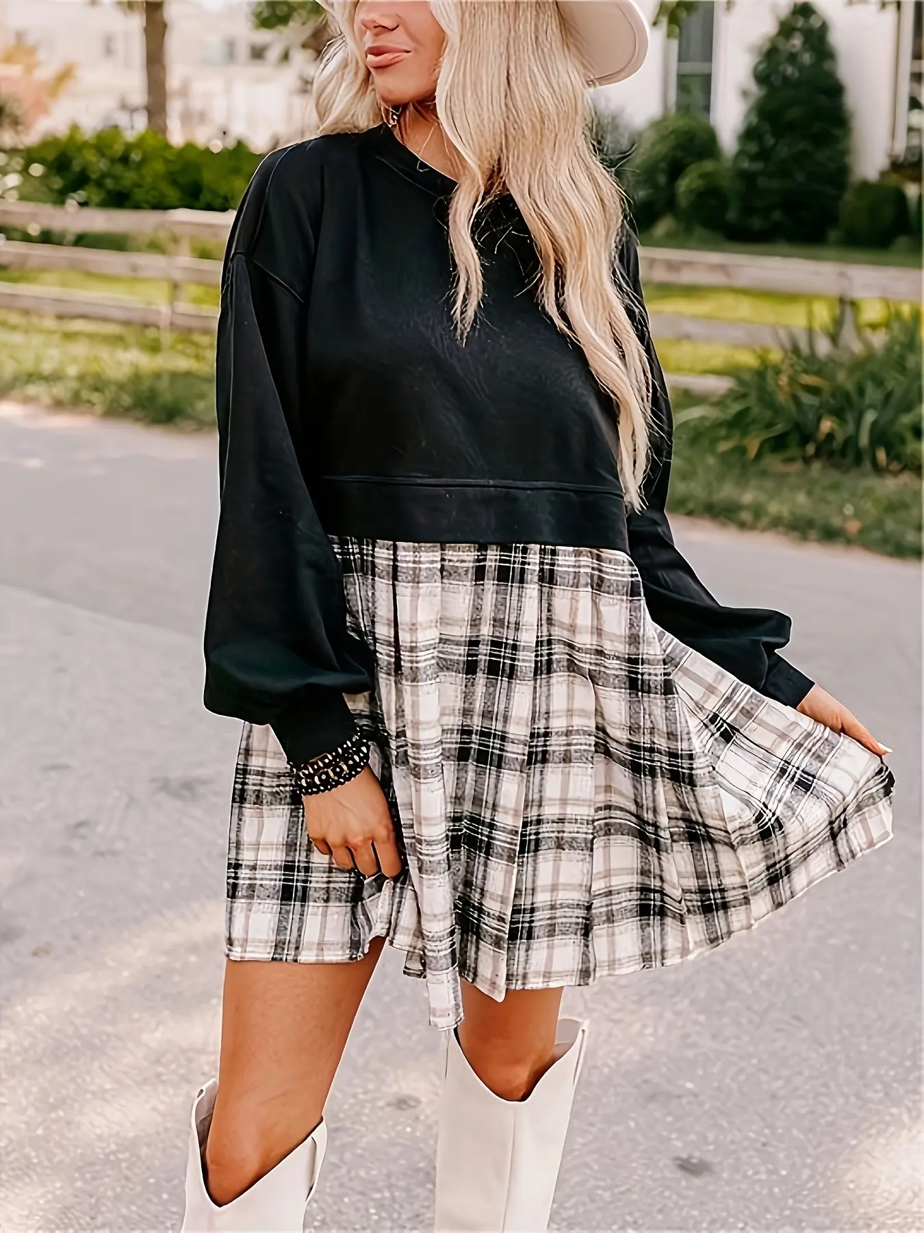 Women's New Fashion Versatile Loose Casual Dress, Fake Two-Piece Sweatshirt Patchwork Plaid Skirt Dress, Trendy and Comfortable