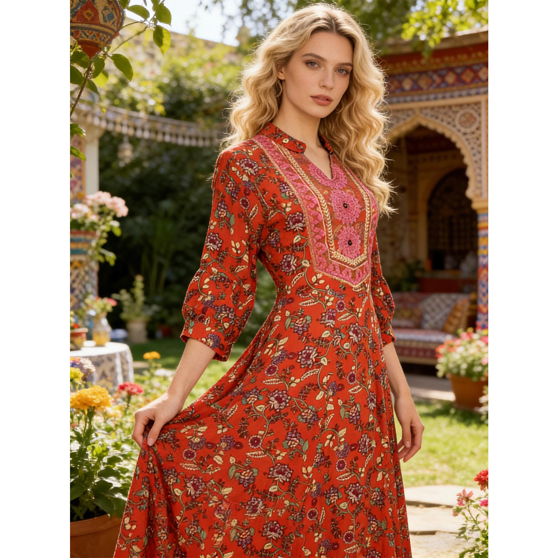 Boho Floral Rust Orange Maxi Dress Flowy Autumn Vacation Gown | S-XL Inclusive Fit | Perfect for Autumn Wedding Guest, Festivals & Sunset Photo Shoots