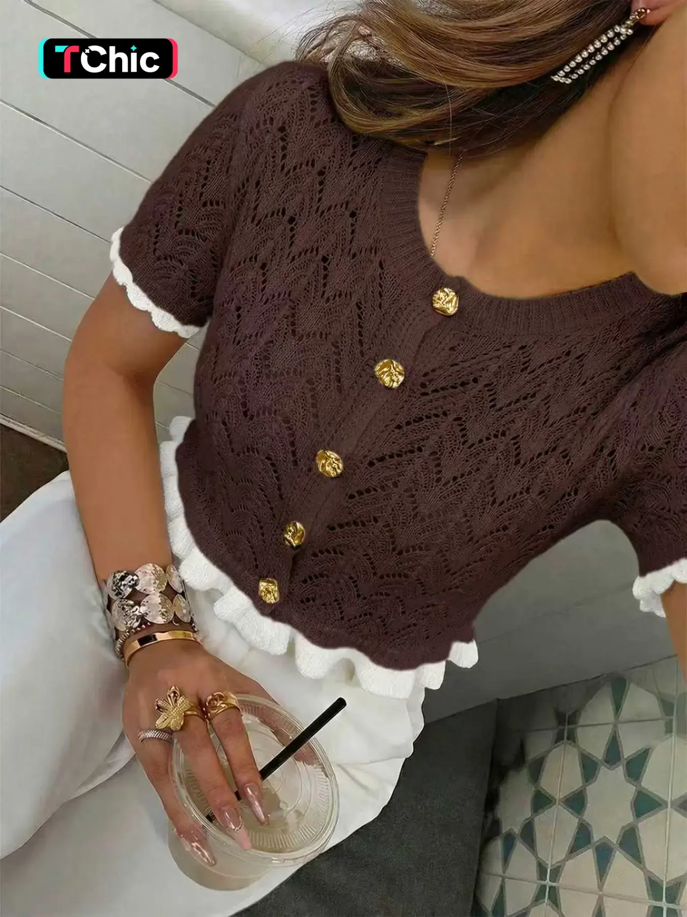 Women's Summer Hollow Out Knit Top, Knit Sweaters, Fitted Knitwear, Aesthetic Casual Knitwear, Elegant Patchwork Design, Perfect for Casual Everyday Daily Wear & Dates, Stylish Ladies' Fashion Womenswear