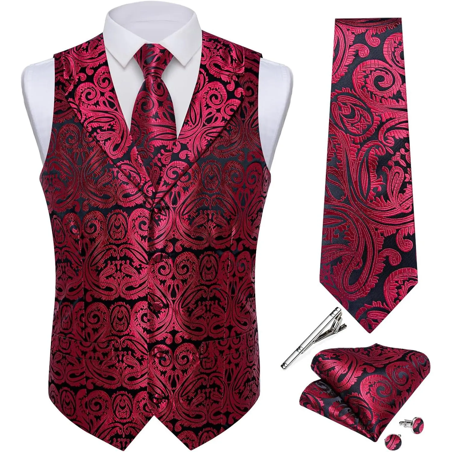 Men's Silk Paisley Vest and Tie Set 5PCS| Dress Vest for Men,Suit Casual Formal Waistcoat,Necktie,Notch Lapel,5 Buttons,2 Real pockets,Wedding,Party,Business,Tuxedo