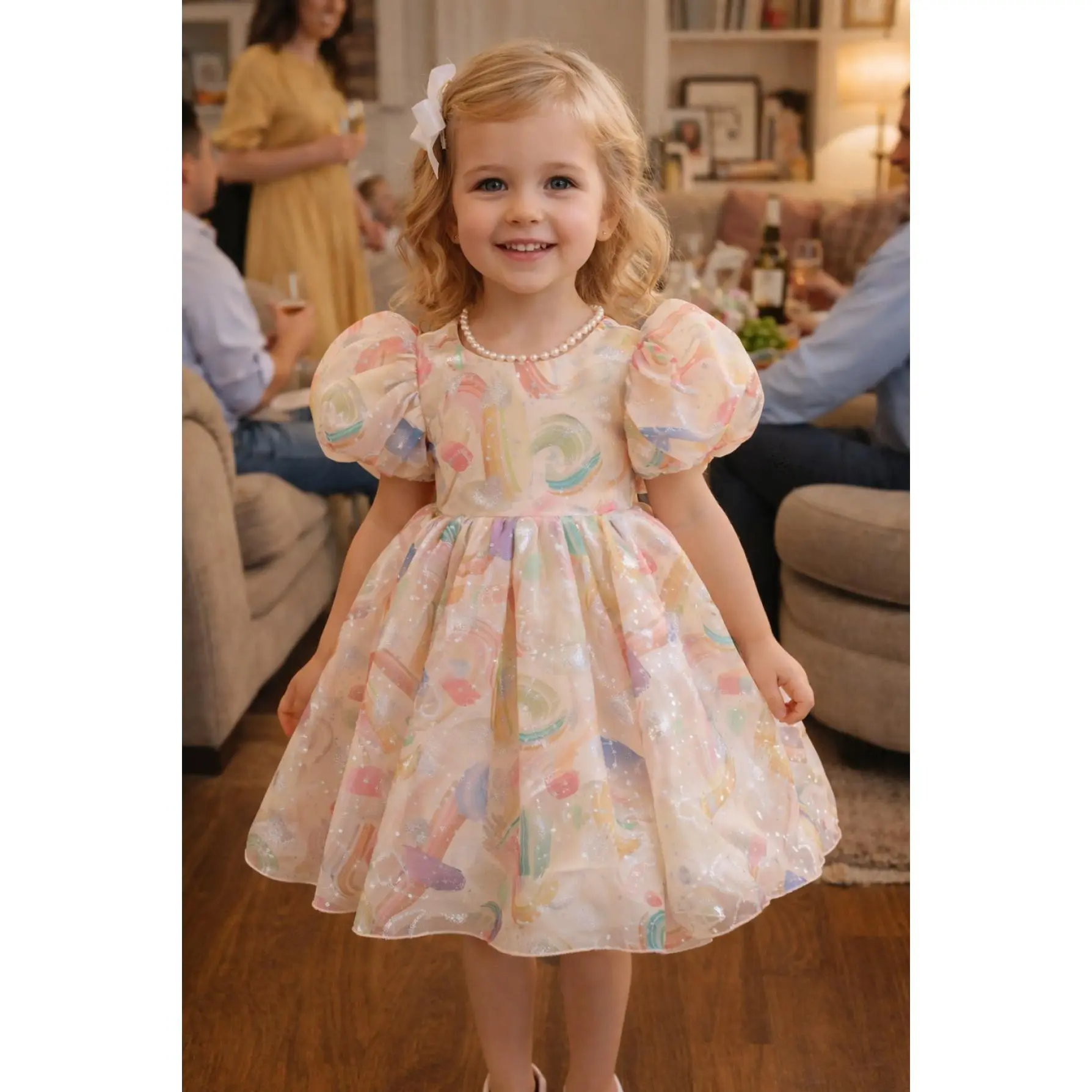 Girls' Multi-Layered Fluffy Puff Sleeve Princess Dress Cute Tulle Birthday Party Dress Suitable for Wedding Birthday Family Gatherings, Suitable for 2-8 Years Old