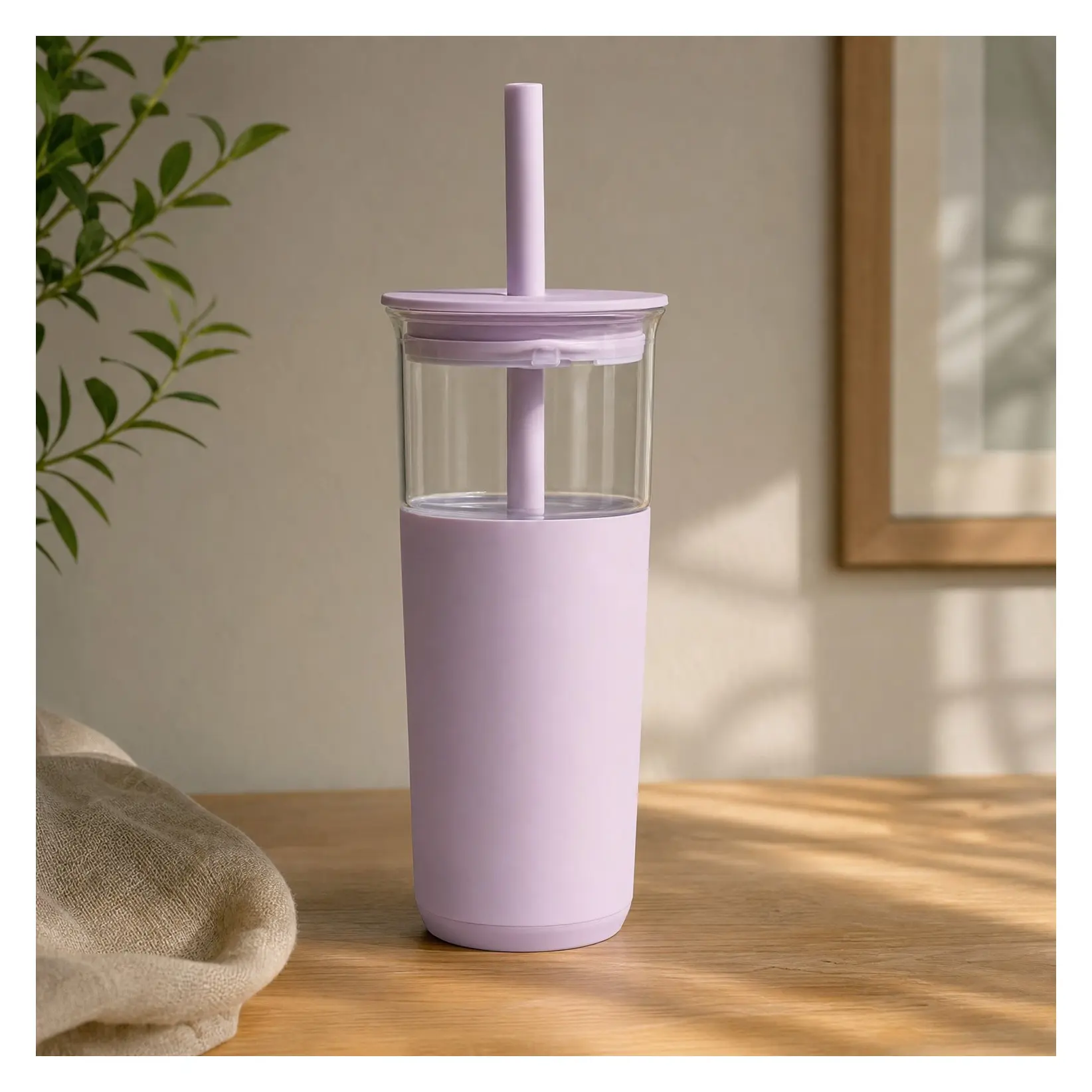 20 oz Vacuum Insulated Glass Tumbler with Lid & Extra Wide Straw - Keeps Drinks Cold for 12 Hrs - Ideal for Iced Coffee, Smoothies & Boba - Dishwasher Safe, Soft Base - Lilac BudGift