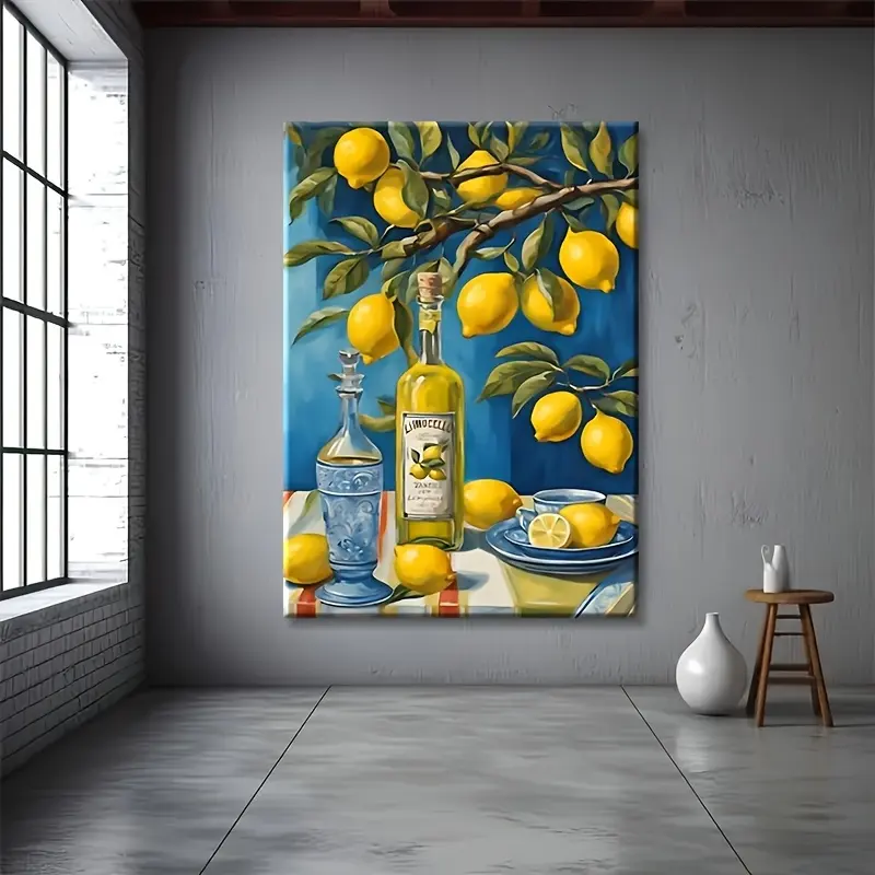 2D Flat Limoncello Lemon Print Framed Canvas Wall Art - Italian Citrus Kitchen Decor, Vibrant Party & Wedding Gift, Ready-to-Hang Waterproof Living Room Painting, Modern Housewarming Anniversary Present