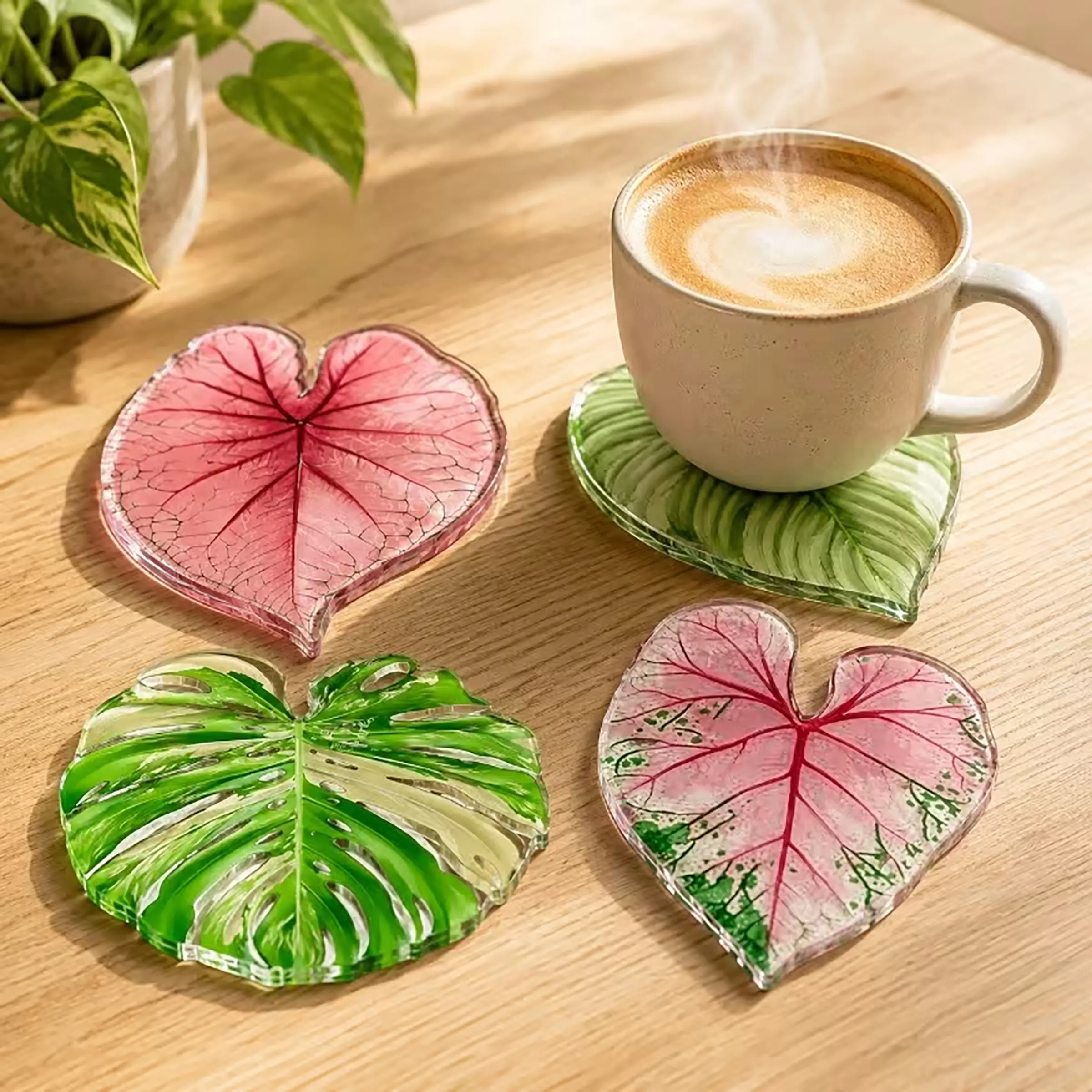 [4pcs Tropical Coasters] 2D Flat 4pcs Set of Acrylic Green and Pink Tropical Plant Leaf Coasters, Super Cute Heat-Insulating Coaster Set, Protects Tabletops from Hot Drinks, Cups, and Plate Stains, Suitable for Offices, Restaurants, Cafes, 2D Flat