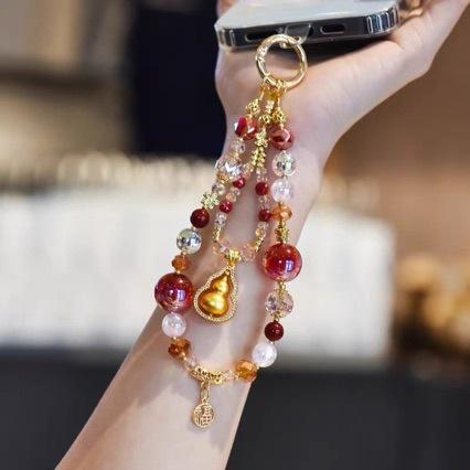 Original purple and gold gourd mobile phone chain, bright red crystal glass bead mobile phone lanyard, hanging chain, luxury wrist strap
