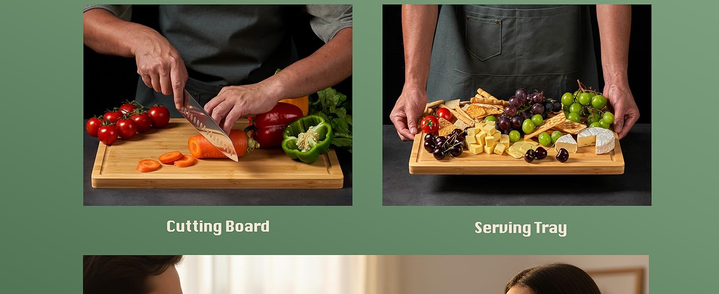 Bamboo Cutting Board for Kitchen, 18" Large Wood Charcuterie Cheese Board, Wooden Chopping Block with Side Handles and Juice Grooves