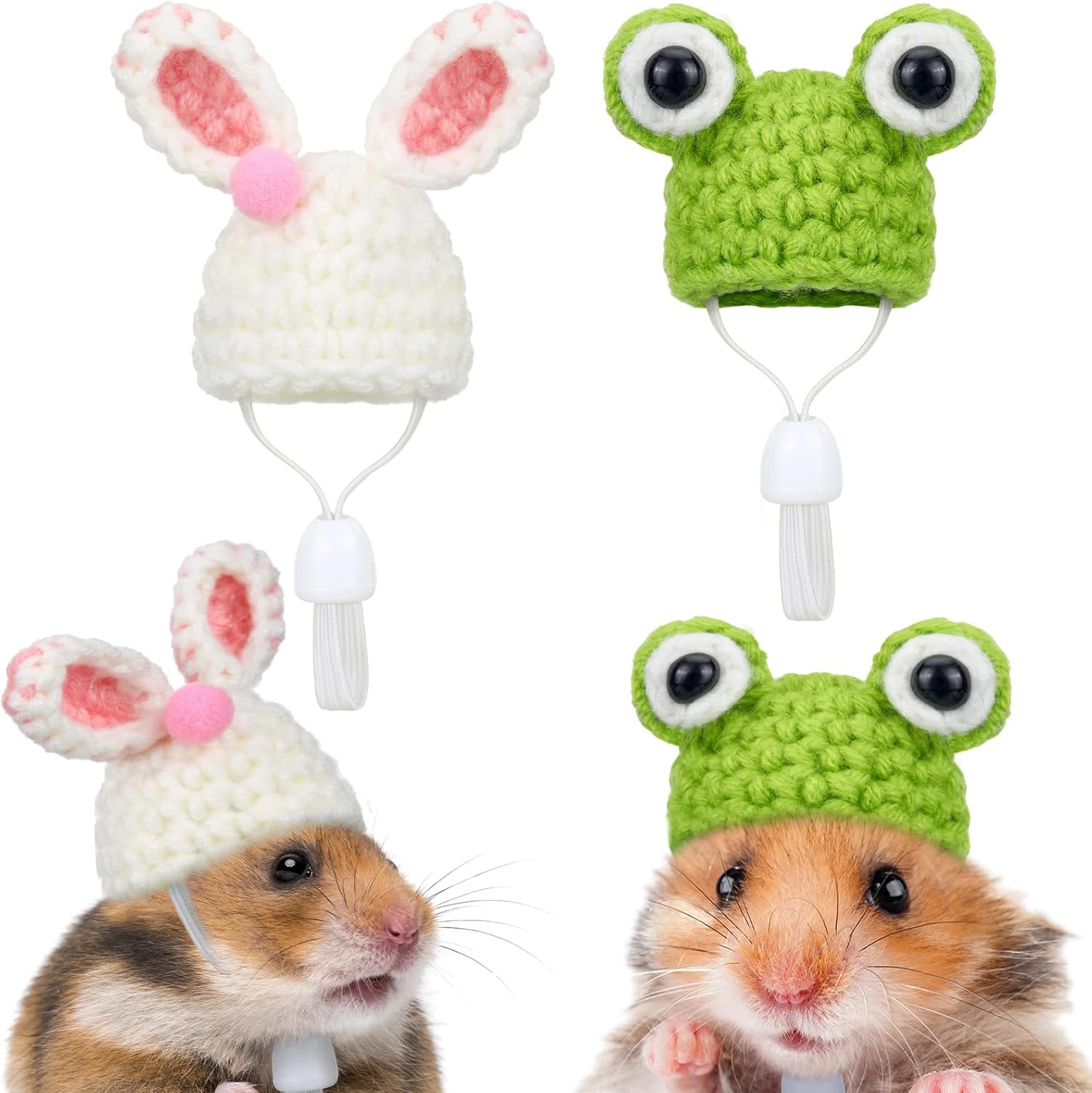 2pcs Polycotton Hats for Small Animals, Frog & Bunny Style, Hand Knitted Hat with Adjustable Strap, Pet Apparel for Hamsters, Dutch Pigs, Snakes, Photo Props