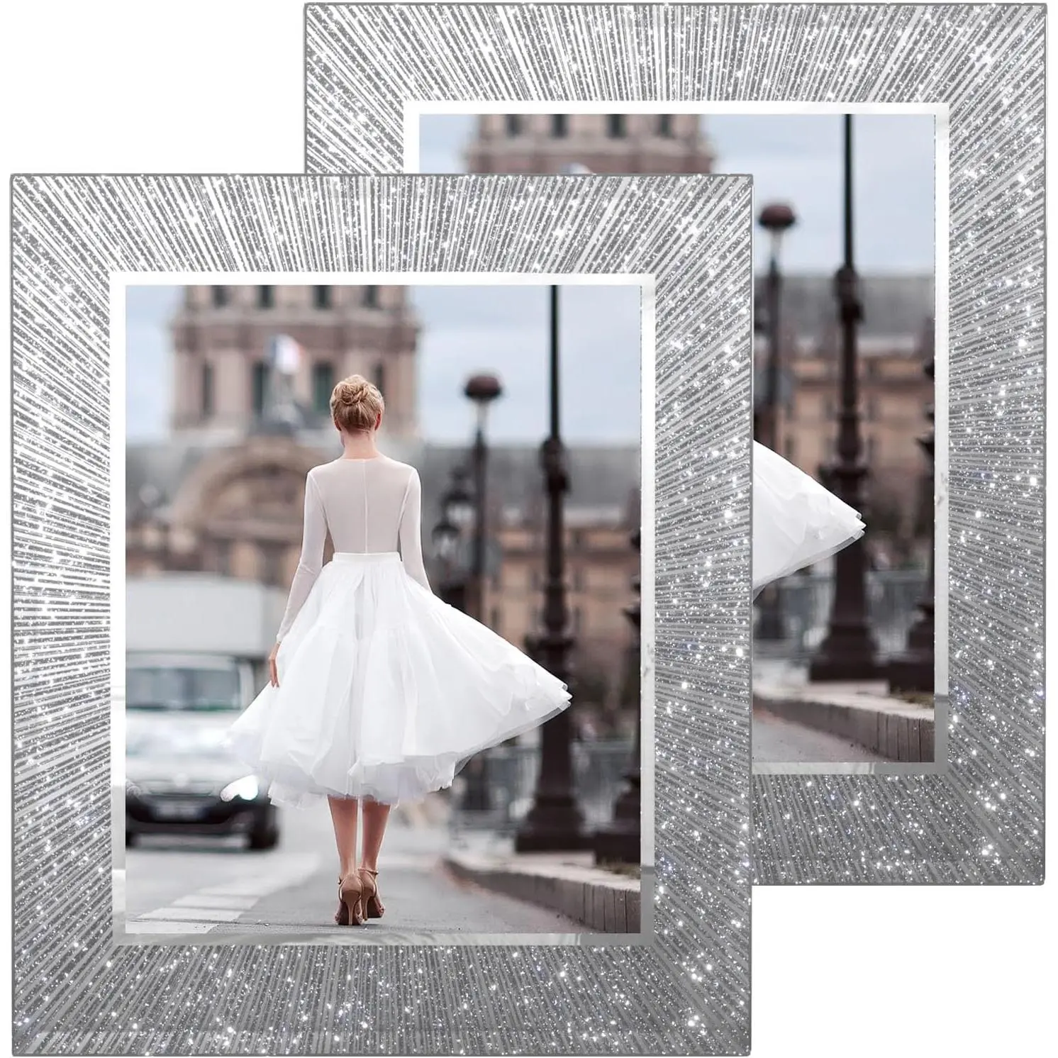 8x10 Picture Frame Glass 2 Pack, Sparkly Glitter Photo Frame 8 x 10 Mirror Crystal Wedding Gift Wall and Tabletop Display