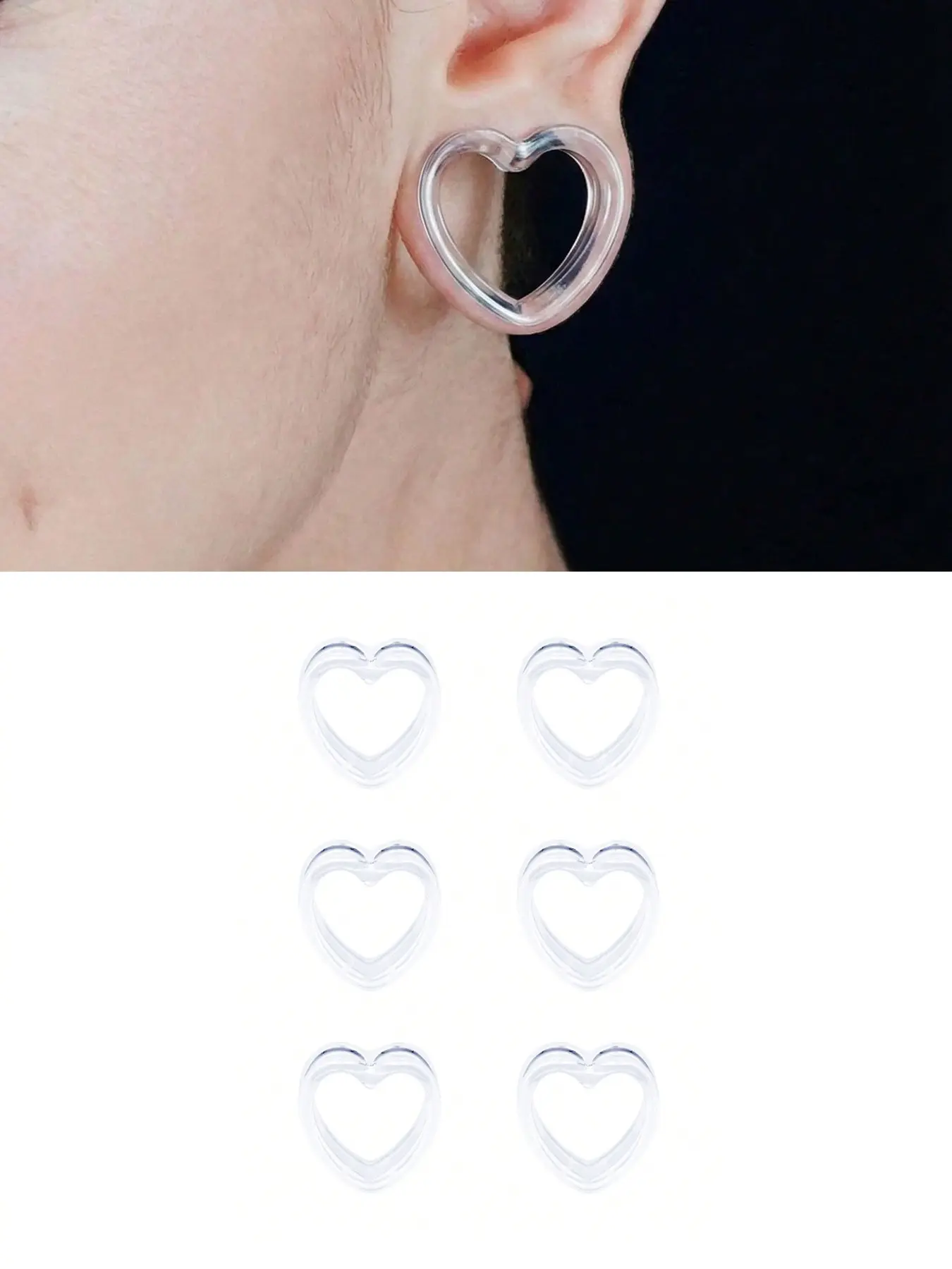3 Pairs Unisex Plastic Heart-Shaped Ear Expanders, Transparent Double-Flared Ear Tunnels, Sizes 6-25mm, Daily Wear Ear Stretchers