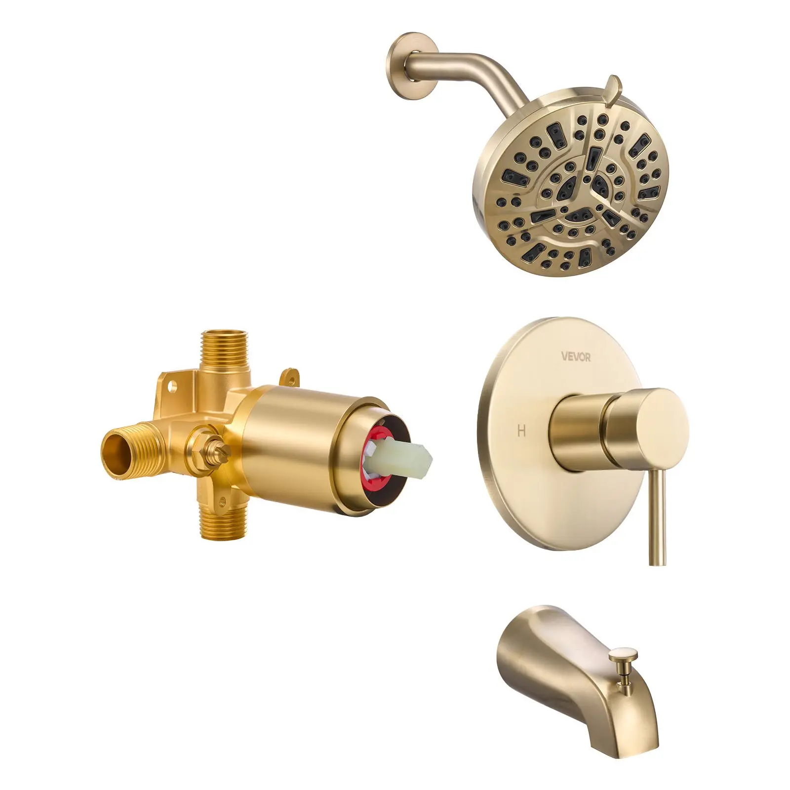 VEVOR Brass-ABS Bathtub/Shower Faucet Set mauyo24591yx12, 5-Inch Rainfall Shower Head, Bathtub Spout, 8-Setting Adjustable Spray, Single-Handle Trim Kit with NPT 1/2" Pressure Balance Valve, Gold Finish