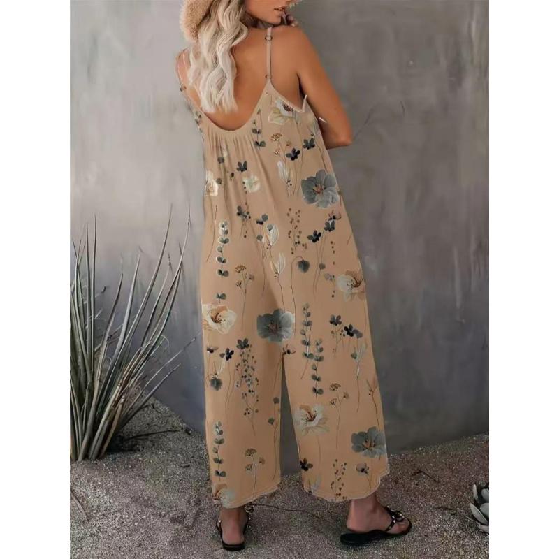 Comfortable Loose Jumpsuit U Neck Ruched Fit Sleeveless Floral Pocket Design Perfect Vacation Selection Precise Tailoring Casual Summer Beach Holiday Travel Resort Outfit Women'S Romper Jumpsuit With Pockets Flowy Beach Cover Up Summer Clothes 2026