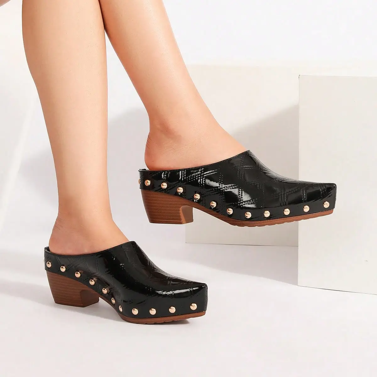 Women's Embossed Studded Mule Clogs - Black Slip-On Square Toe Block Heel Slides, Retro Chic PU Rubber Sole, Slip-Resistant Casual Everyday Footwear, Black Mules