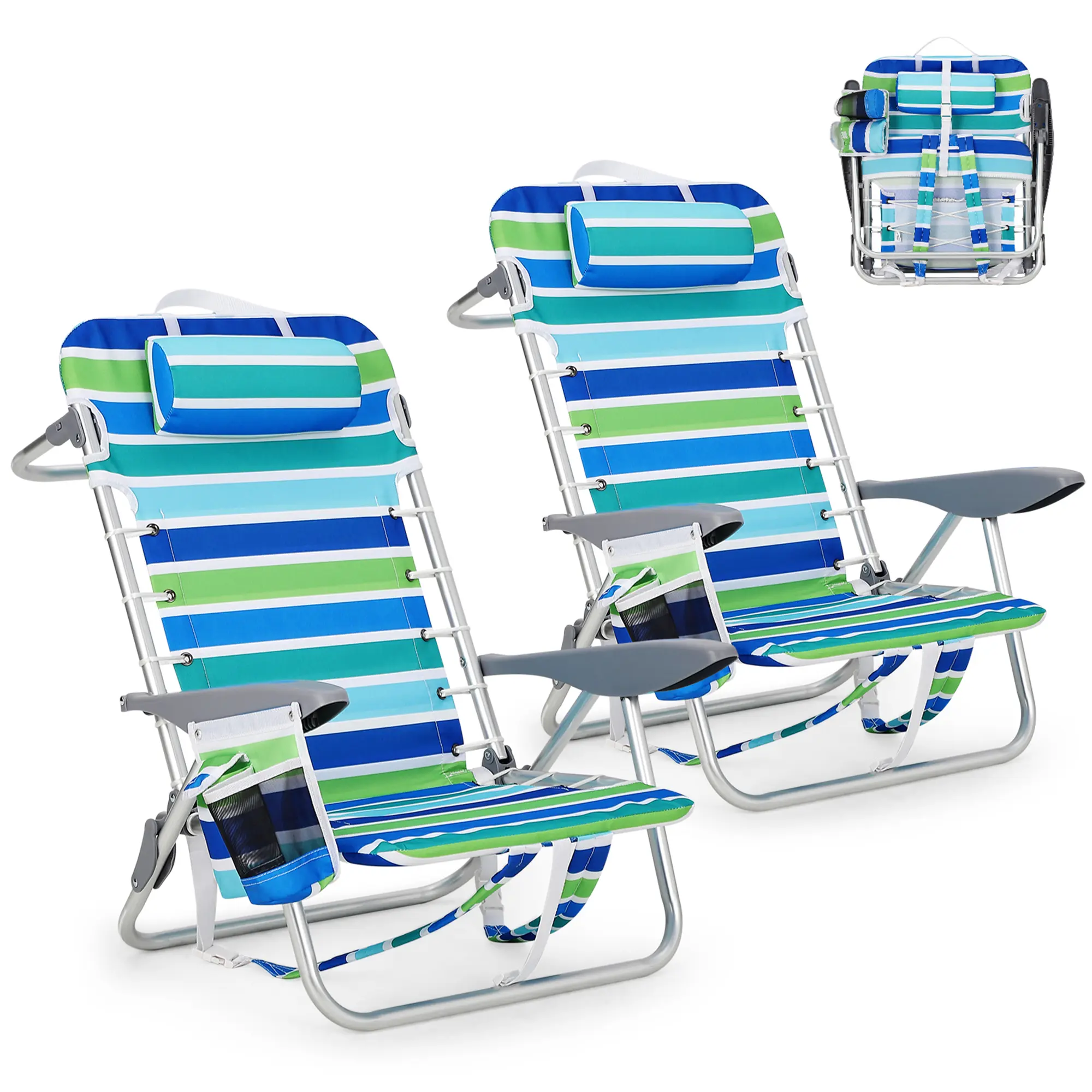 Lightweight Folding Beach Chair for Adults - 5-Position Reclining Aluminum Frame - Low or Tall Seat, Cup Holder, Towel Bar, Phone Pocket, Hands-Free Carry - Ideal for Camping, Outdoor & Travel