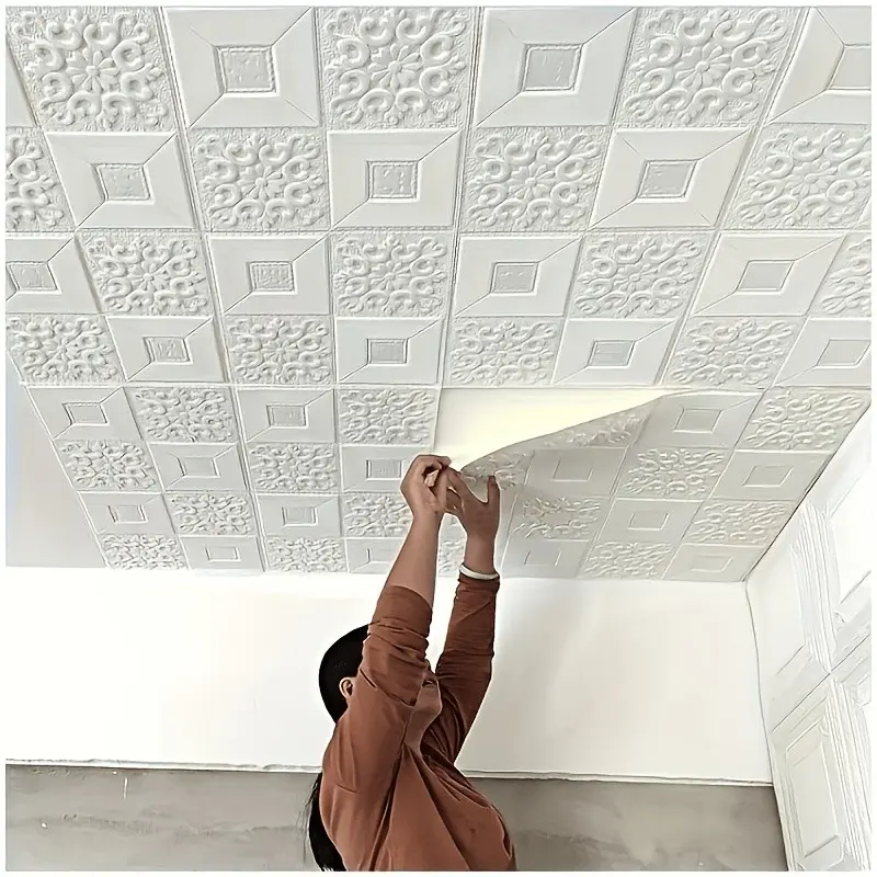 20pcs Self-Adhesive Wallpaper Ceiling Tiles, Waterproof Moisture-Resistant Foam Stickers, Bedroom Warm Background Wall Decor