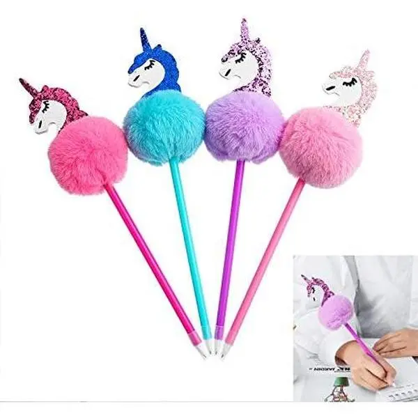 4 Pack Unicorns Pom Pom Pen Novelty Pen Colorful  Ball Pen for Unicorns Party Supplies