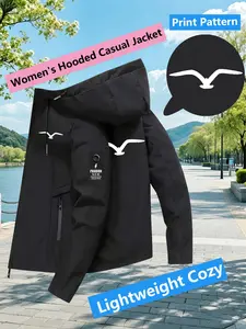 Women's Hooded Windbreaker Jacket Double sided Simple Seagull Silhouette Print Jacket Two Color Options Hooded Loose All Season Warm Jacket Ideal for Daily Commute Hiking Climbing Wear Skin Friendly Breathable Machine Washable Plussize