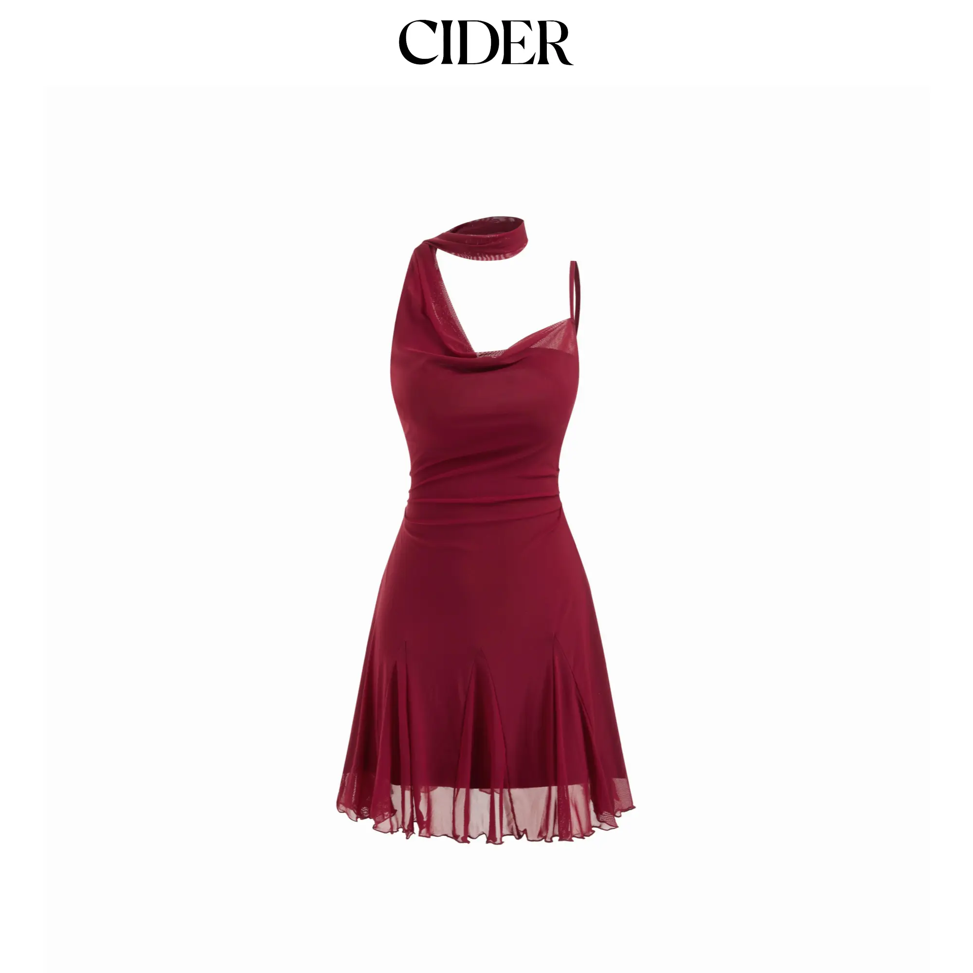 Cider Mesh Halter Neckline Ruched Ruffle Hem Mini Dress With Scarf SohoChic