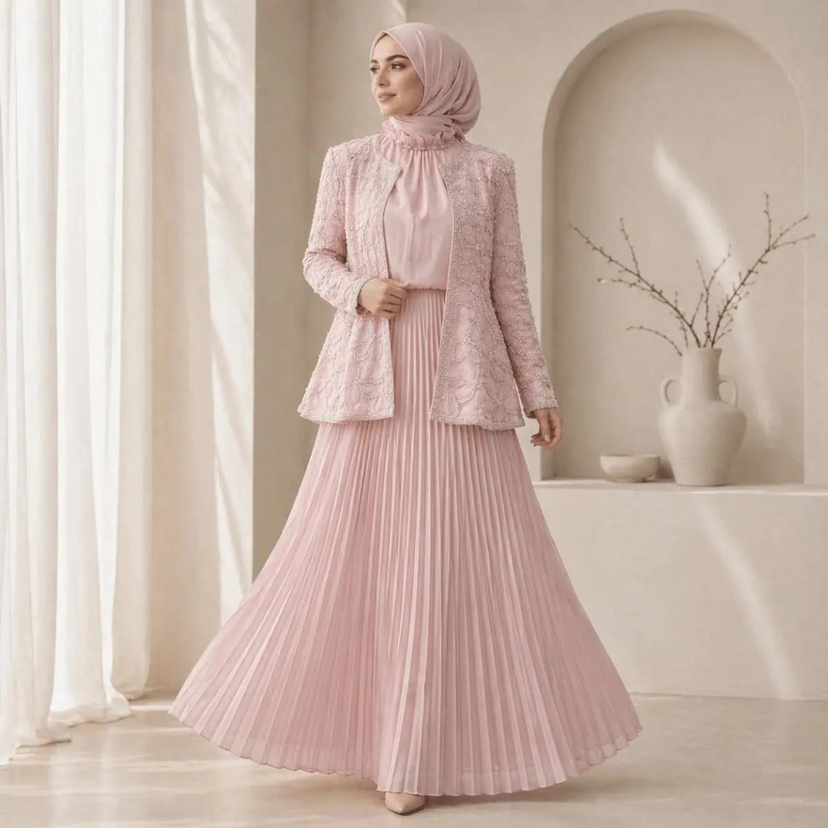 Women's Modest Islamic 2-Piece Fitted Maxi Dress Set - High Neck, Pearl Beaded 3D Rose Embroidery Jacket, Floor-Length Pleated Chiffon Skirt for Elegant Evening Engagement & Weddings, Long Sleeve, Floor-Length Pleated Skirt, Floral, Dense Pearl Bead Detai