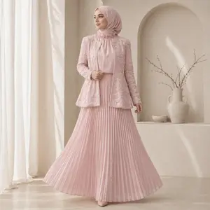 2-Piece Pearl Beaded 3D Rose Embroidered Jacket & Chiffon Pleated Maxi Dress Set(MS401)
