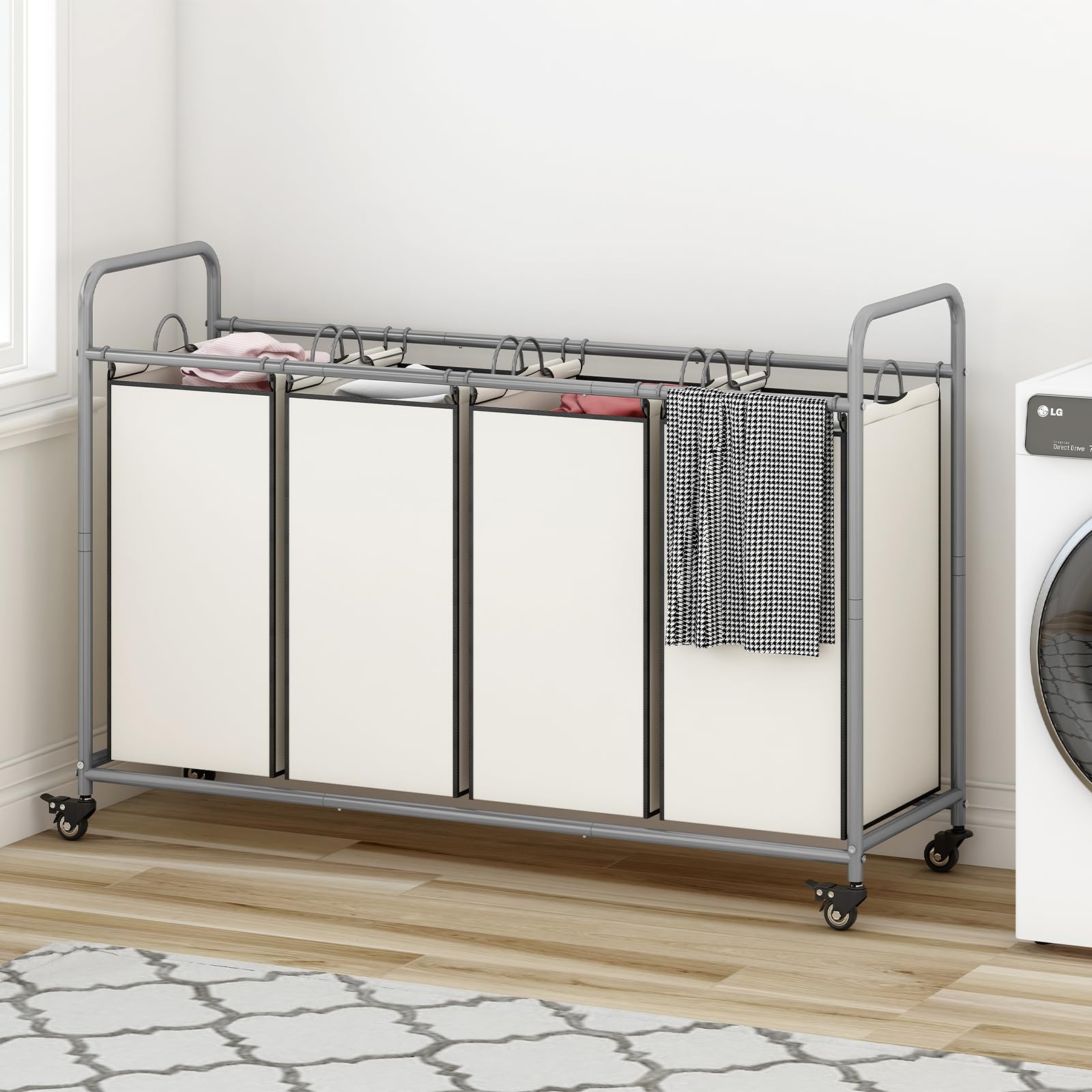 4 Bag Laundry Basket Sorter Laundry Hamper Cart with Heavy Duty Rolling Lockable Wheels and Removable Bags Organiser