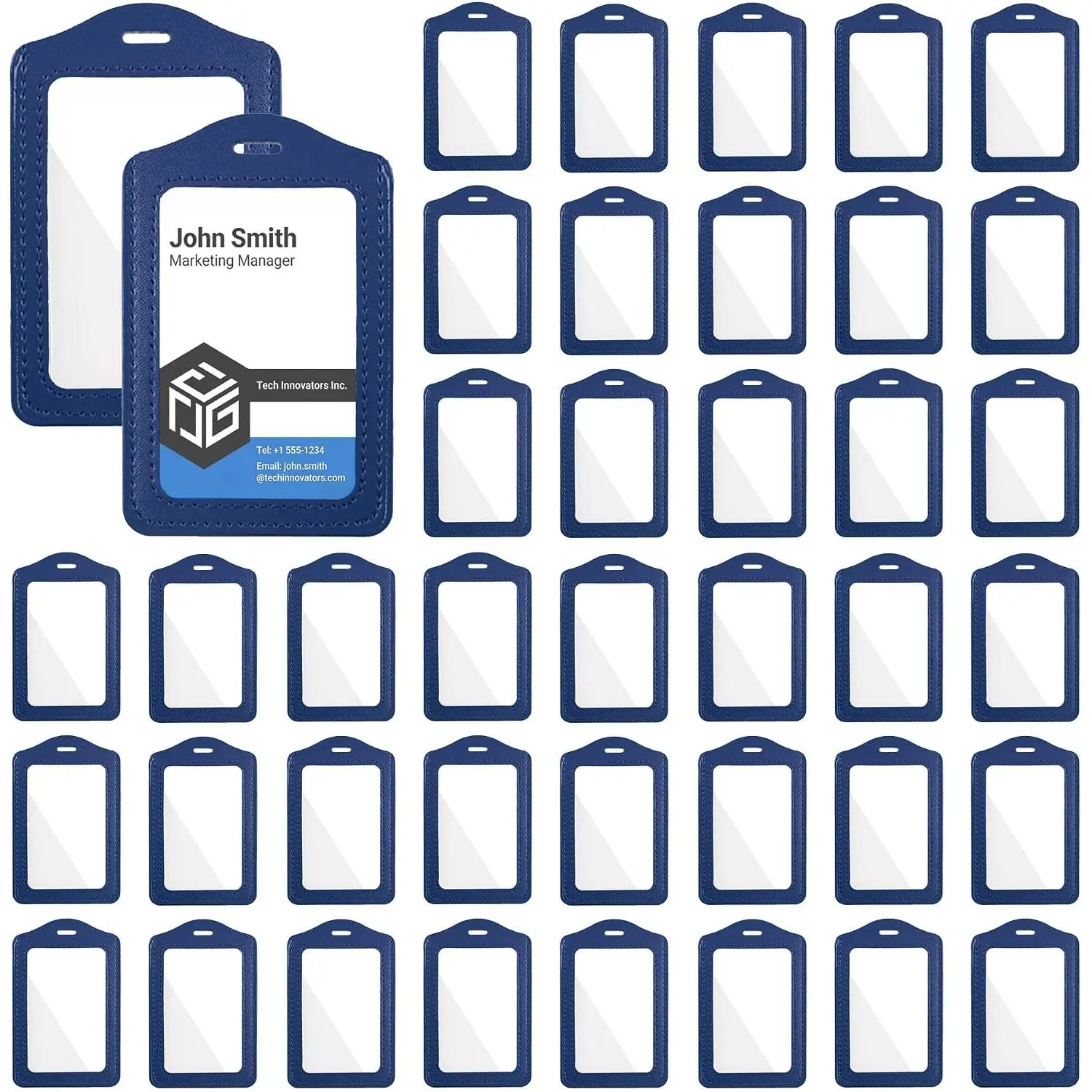 50 Pack ID Badge Holder PU Leather ID Name Card Tag Holder Protector Vertical Work Badge Cover Sleeve with Clear Window for Office Staff School Students Small Business Supplies, Blue