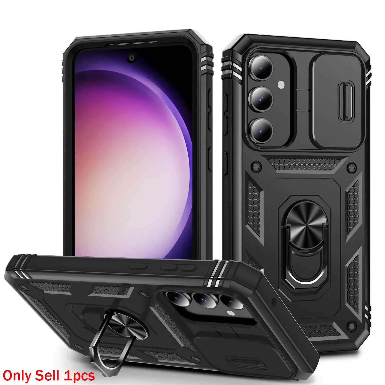 Case for Samsung Galaxy S23 Fe, Protective Phone Cover, Durable Shockproof Full Protection, Hidden Push-Pull Lens Cover, Magnetic Ring Stand, Dust Proof, Long Lasting for Samsung Galaxy S23 Fe Case