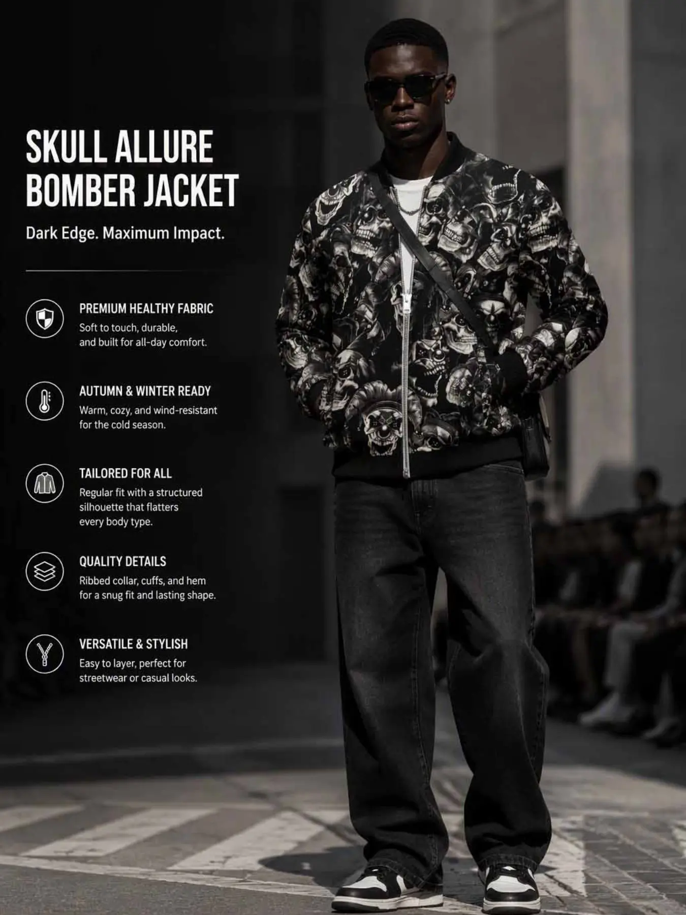 Men's Gothic Skull Full Zip Bomber Jacket, All over Print Baseball Collar Windproof Jacket, Retro Punk Streetwear Fall Winter Outerwear