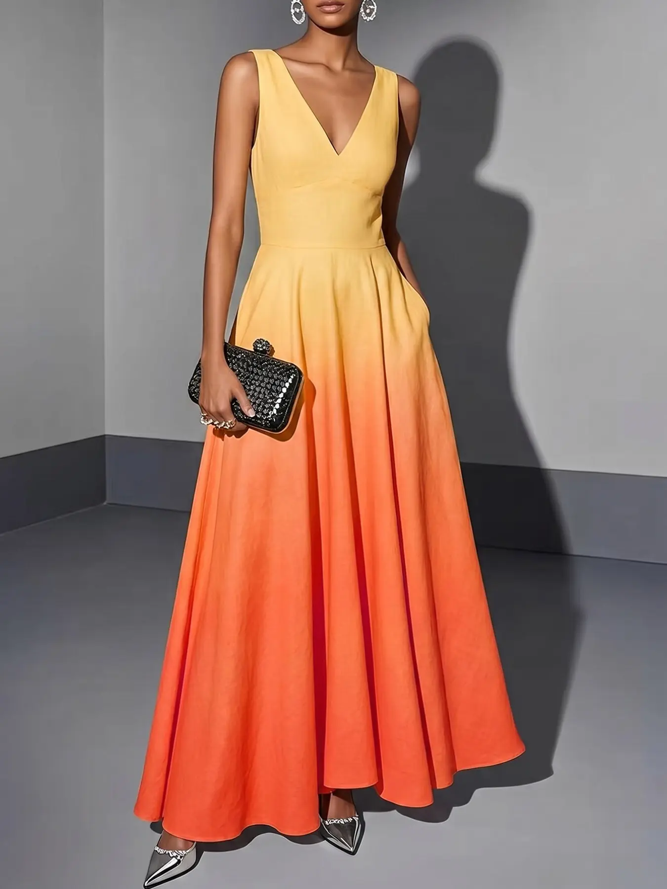 Spring Autumn New Casual Fashion French Vintage Holiday Style Sleeveless High Waist Gradient Color V Neck Thin Dress Womenswear Summer Casual Elegant Dresses