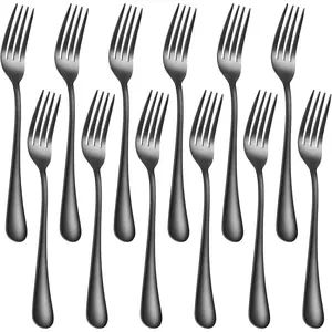 12 Piece 8 Inch Black Dinner Forks, Top Food Grade Extra-Fine Stainless Steel Silverware Forks Set, Dishwasher Safe