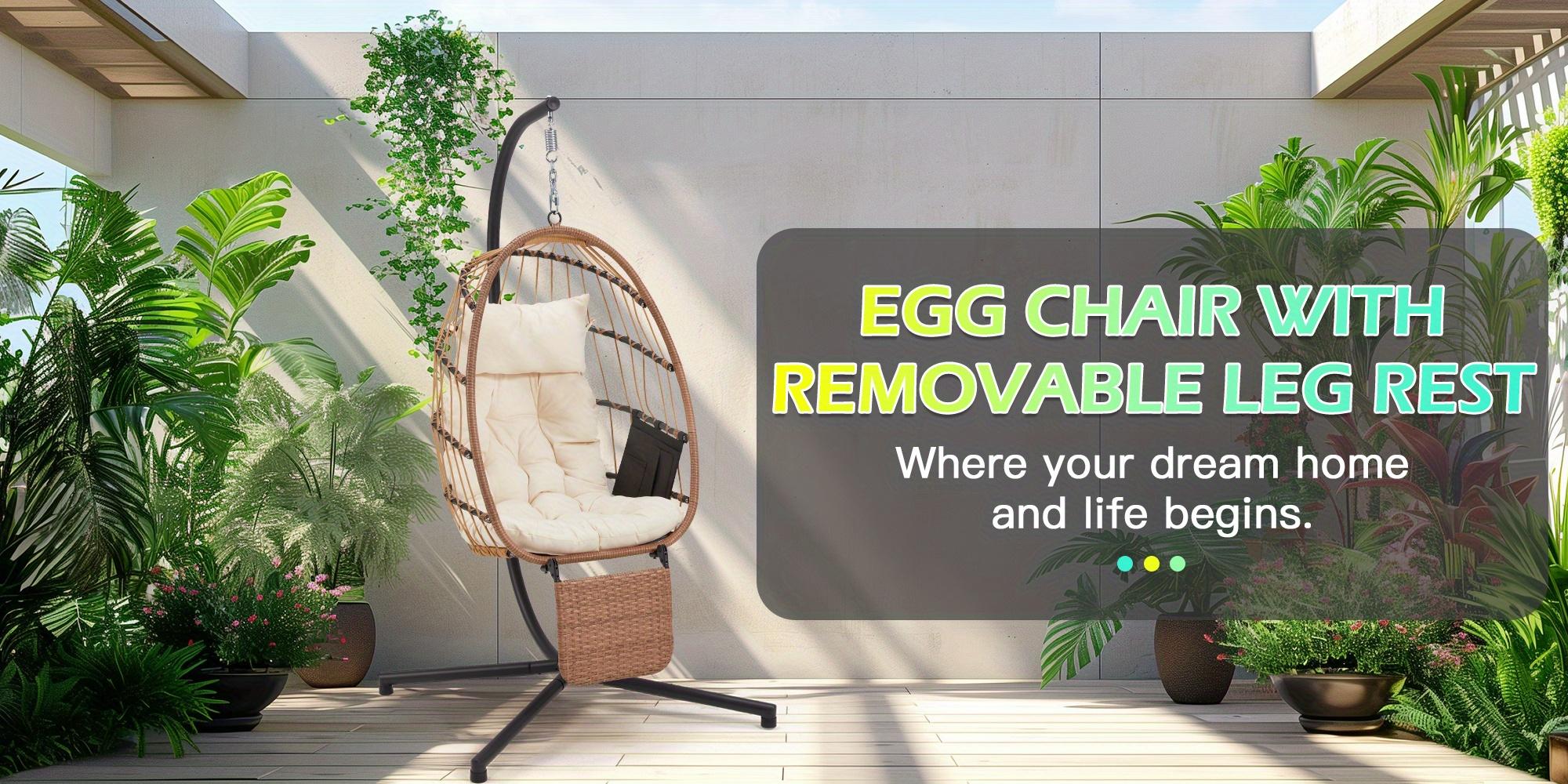 Hanging Egg Chair for 1, with Stand & Removable Leg Rest, Foldable Indoor/Outdoor Swing Chair, Including Cushion and Pillow, Patio Wicker Swing, Hammock Chair for Patio, Bedroom, Balcony, Beige