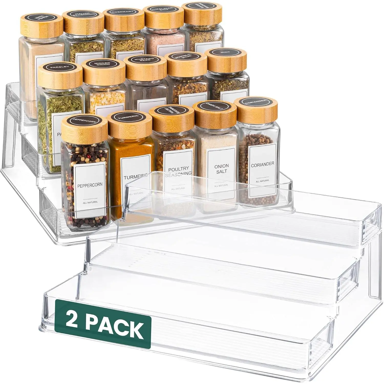 Clear Spice Rack (2-Pack) - 3-Tier Acrylic Organizer for Cabinet - Deep Spice Shelf - 10.4 x 9.6 x 4 Inches - Holds Seasoning and Condiments