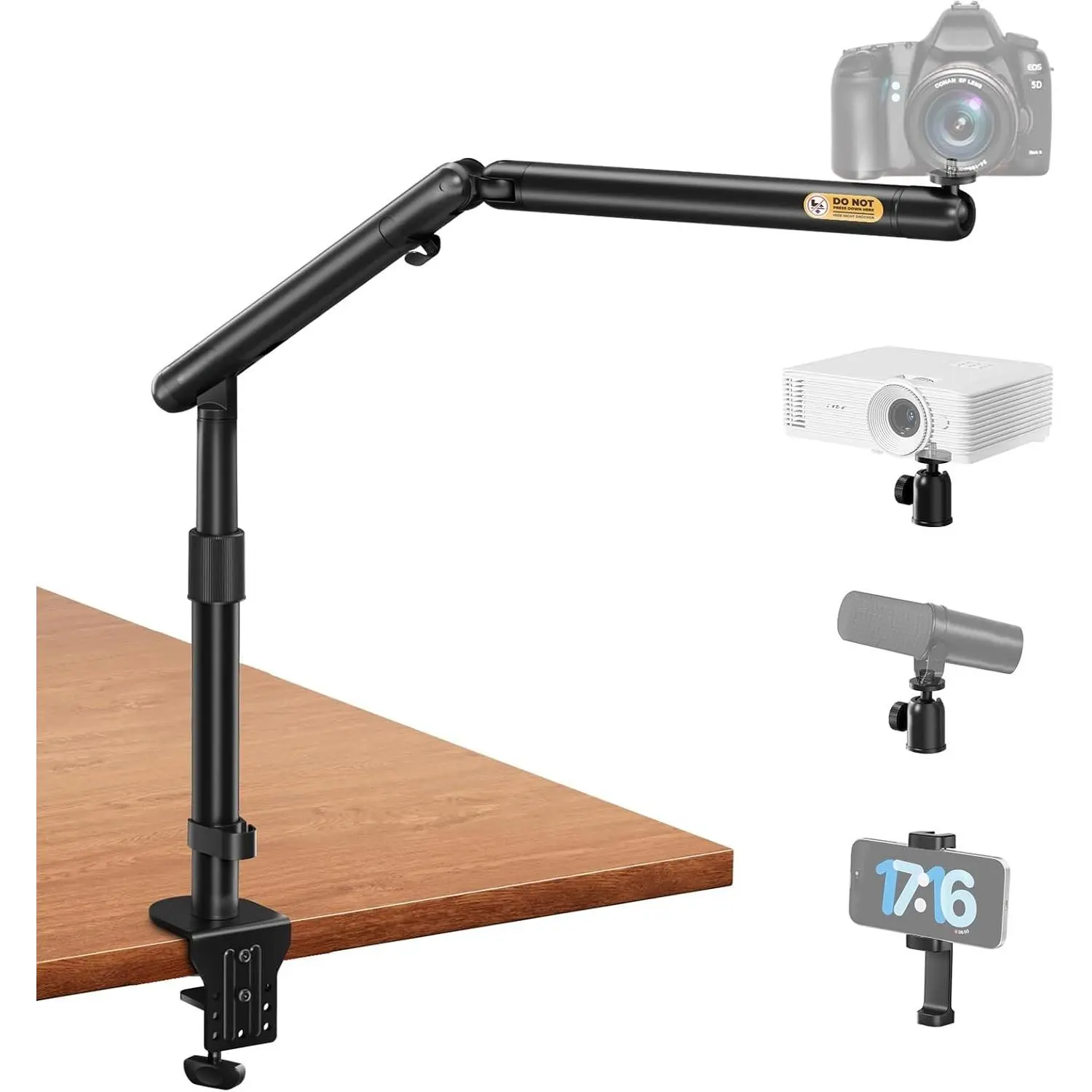 Adjustable Overhead Camera Desk Mount with Flexible Spring Arm, 360-Degree Ball Head, 1/4-3/8 Inch Screw, Phone Clamp - Supports DSLR Cameras, Lights, 11 lbs Heavy Microphones, Cell Phones, 8.26-28.34 Inches Reach, Synthetic Build