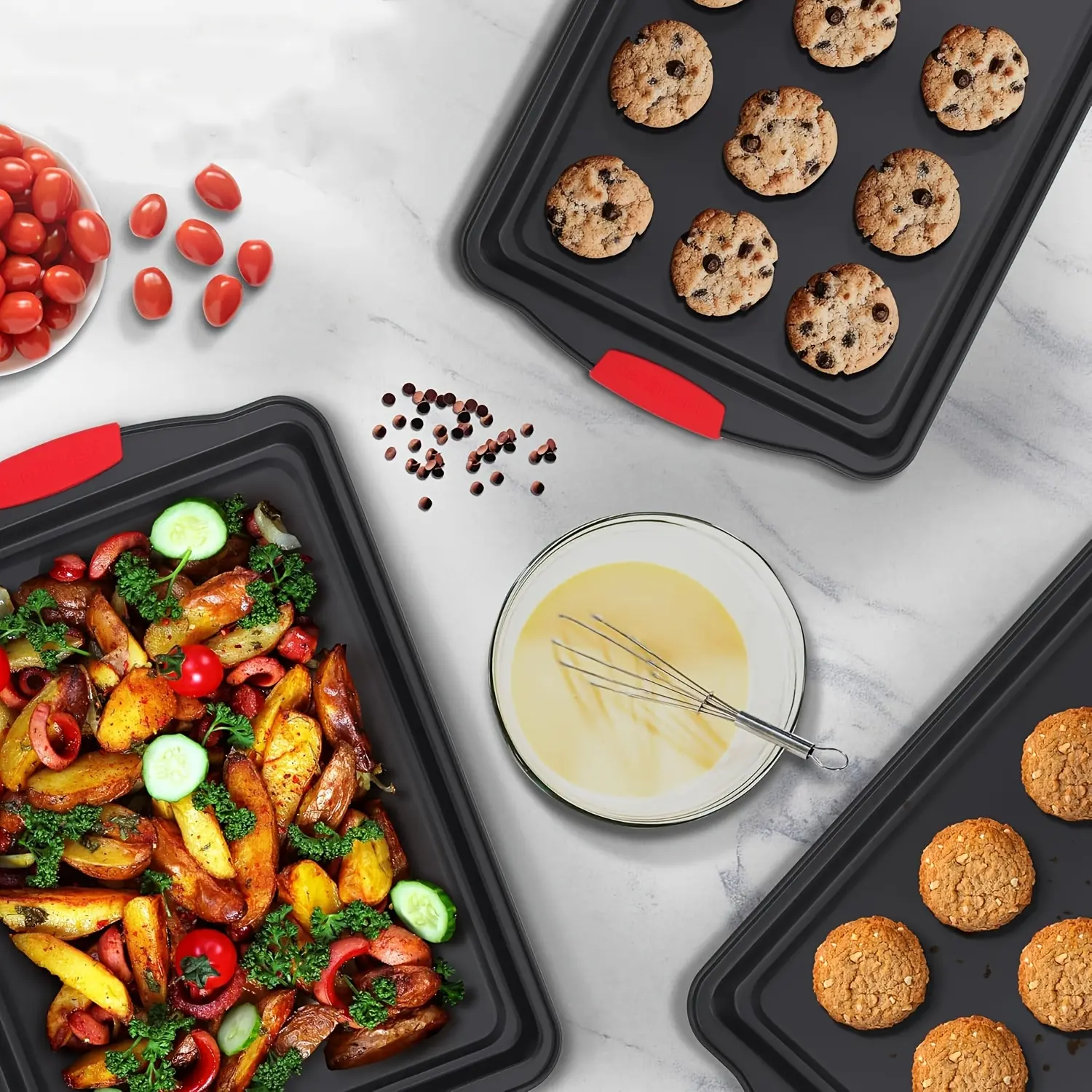 [Non-stick Baking Tray, Bakeware] Non-stick Baking Tray with Red Silicone Handle, Kitchen Baking Plate, Heat-resistant, Easy to Clean, Suitable for Cake, Cookies