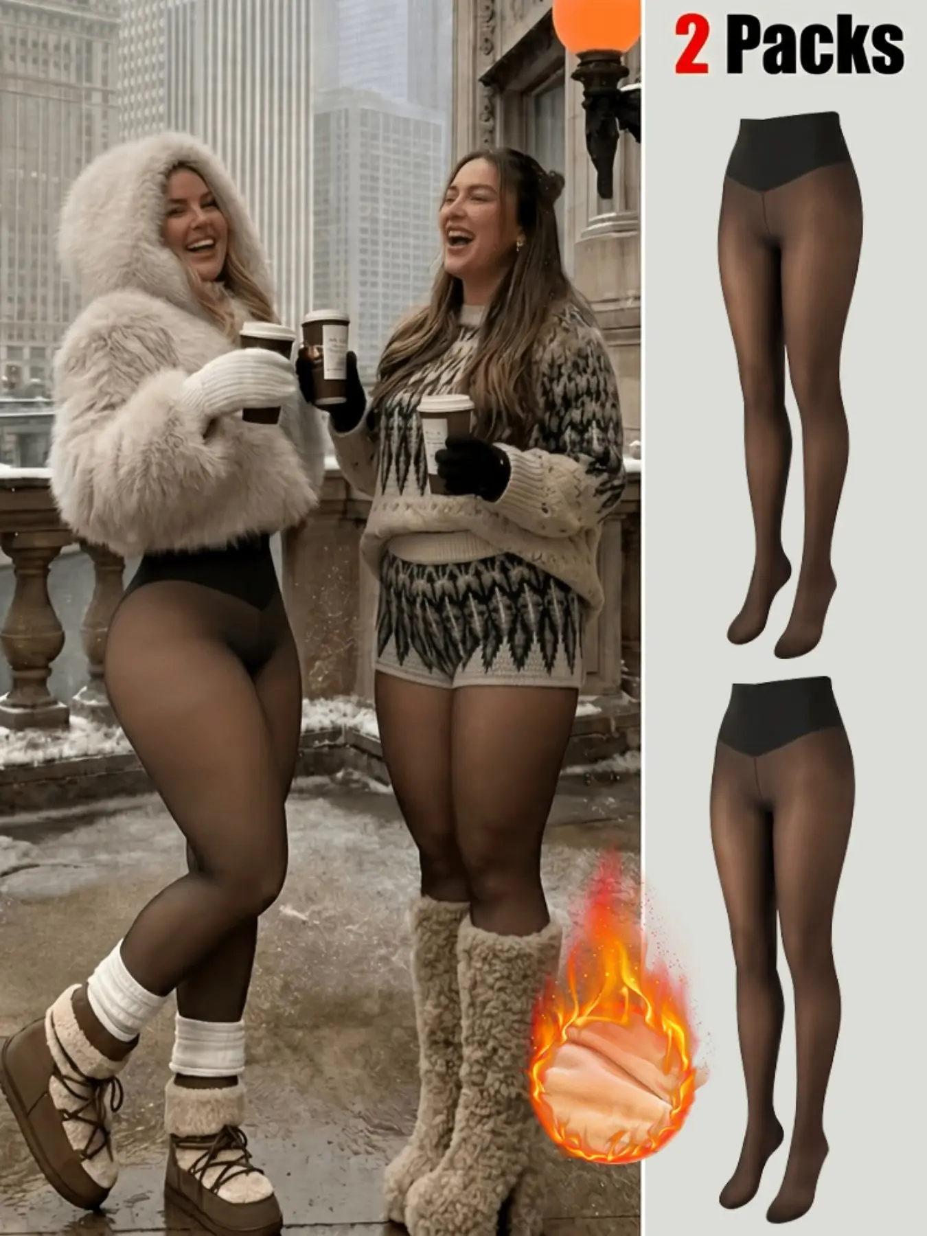 2-Pack Women's Plus Size High Waist Fleece Lining Warm Transparent Tight Pants Underwear, Super Stretch Winter Warm Fake Sheer Leggings, Daily Wear