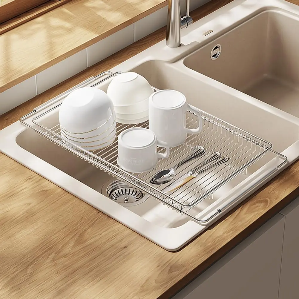Adjustable Over Sink Dish Drying Rack Stainless Steel Dish Drainer,  Counter or in Sink Dish Rack, Deep and Large- Rustproof (Lengthened Flat Base)