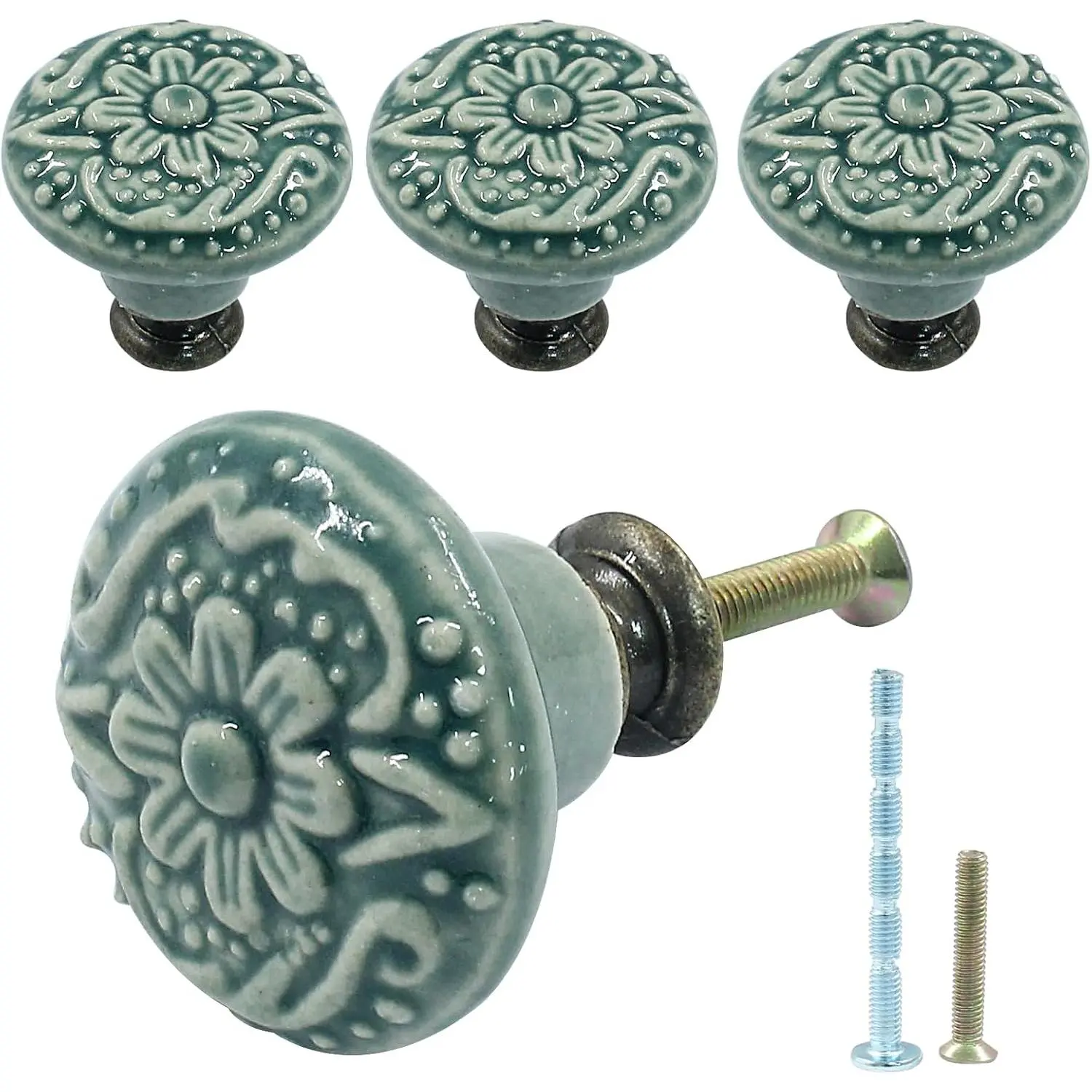 Green Ceramic Cabinet Knobs, 34mm / 1.3 Inch, 4 count | Retro Design, Kitchen & Dresser Use, Drawer & Cupboard Hardware, Furniture Pulls