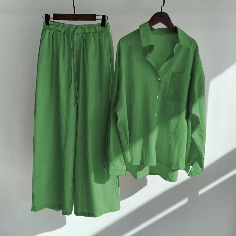 Ms. Xun's 2-piece Retro Plus Size 2026 Cotton Linen Shirt Set with High-waisted Loose Trousers