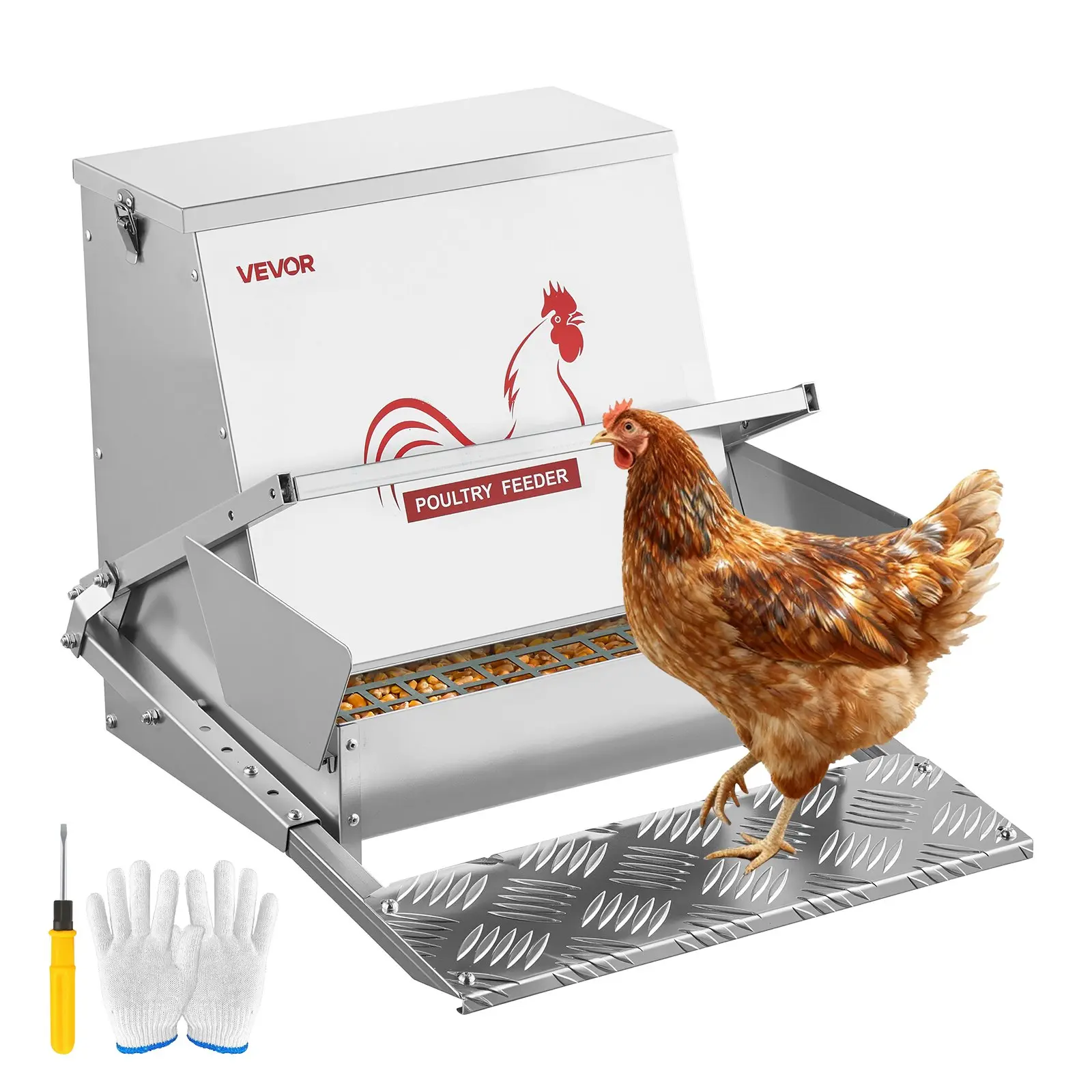 【DealsForYouDays】VEVOR Galvanized Steel Treadle Chicken Feeder, 40 lbs Capacity, Rainproof Auto-Opening Lockable Lid, Less Waste, Outdoor Use for Chickens, Pheasants