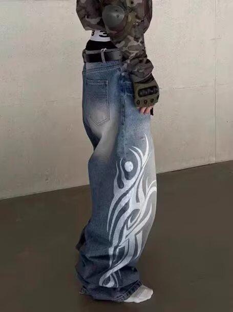 Men's Blade Totem Print Jeans, American Vintage Washed Distressed Denim, Loose Straight Wide-Leg Pants, Floor-Length Trousers