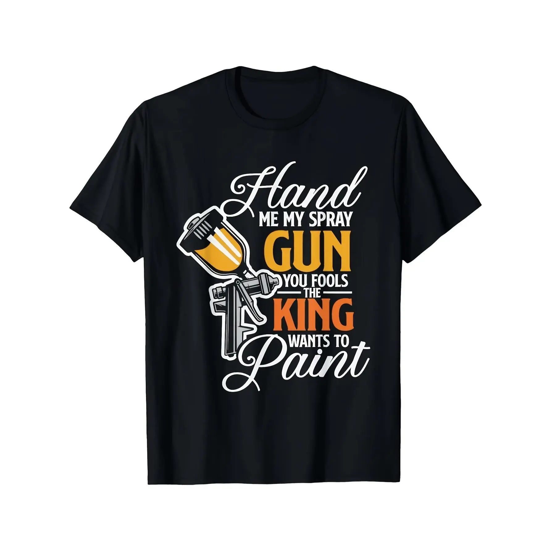180gMen's Casual Auto Painter T-Shirt - Hand Me My Spray Gun Graphic Print, Short Sleeve, Black with Orange & White Design, Round Neck, Machine Washable, Perfect for Car Enthusiasts, Artist ApparelHalloween, Styles, Gifts, Trendy and Fashionable,  for