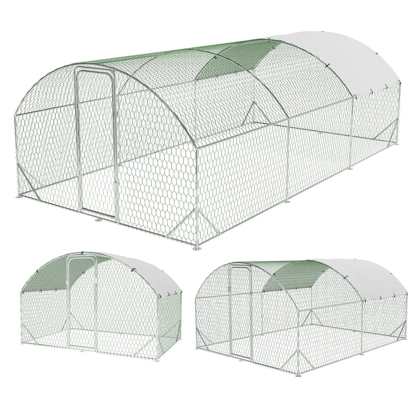 Walk-In Dome Metal Chicken Coop (3 Sizes), Heavy-Duty Predator-Proof Outdoor Poultry Run with Wire Enclosure Cages & Accessories